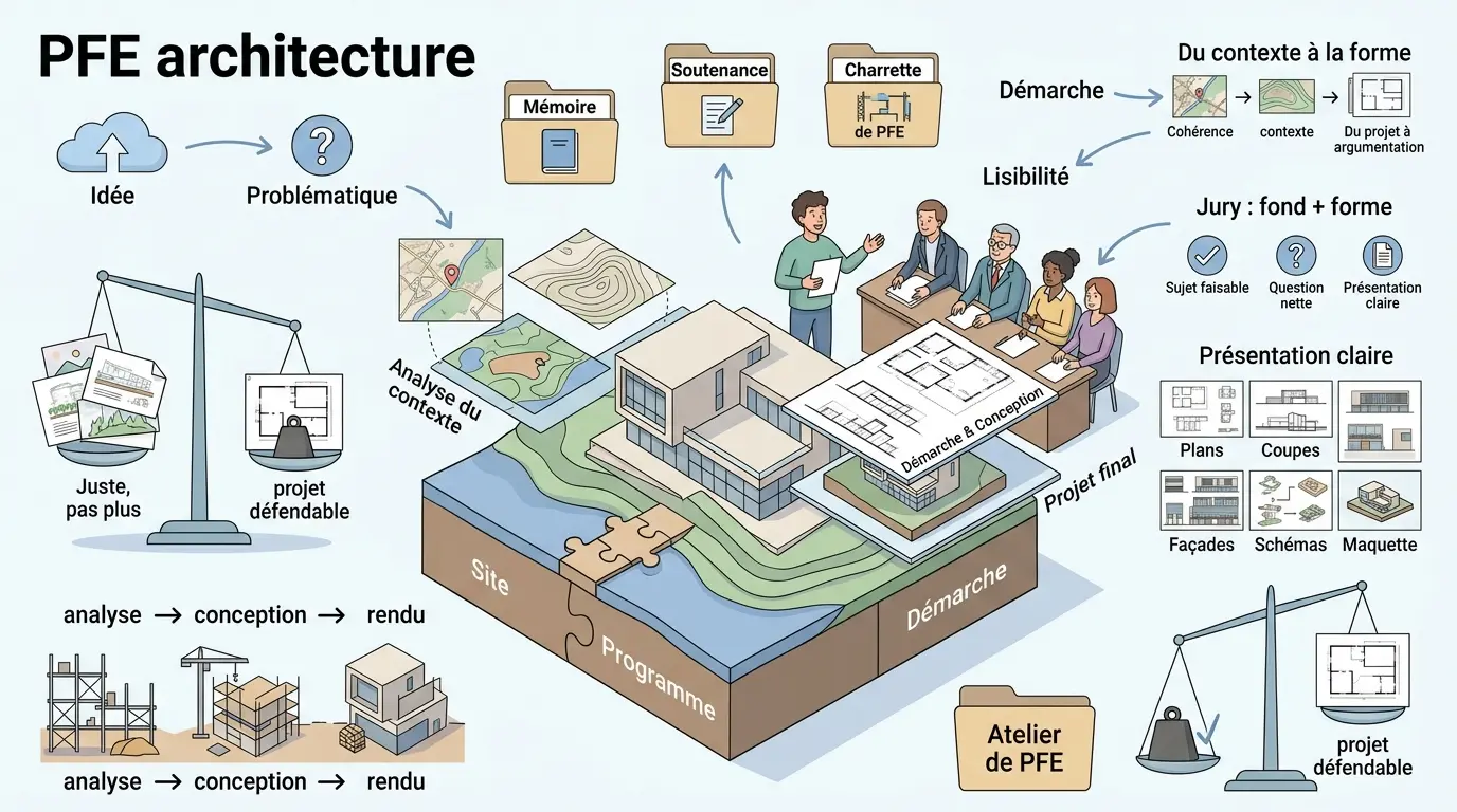 Infographie éducative sur le pfe architecture, montrant le processus de projet avec étapes clés et métaphores visuelles.