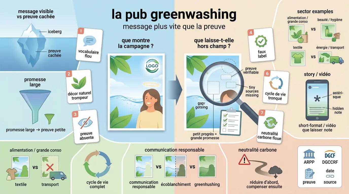 Infographie éducative sur la pub greenwashing, montrant comment détecter la publicité trompeuse en 2 minutes.