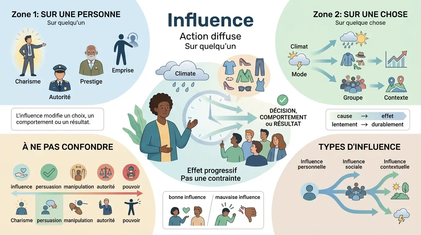 Infographie éducative expliquant que veut dire influence avec des illustrations sur ses effets sur les personnes et les choses.