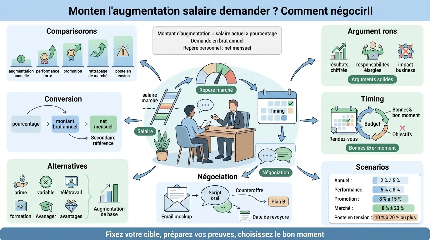 Infographie éducative sur quelle augmentation de salaire demander, illustrant la négociation et les scénarios de salaire.