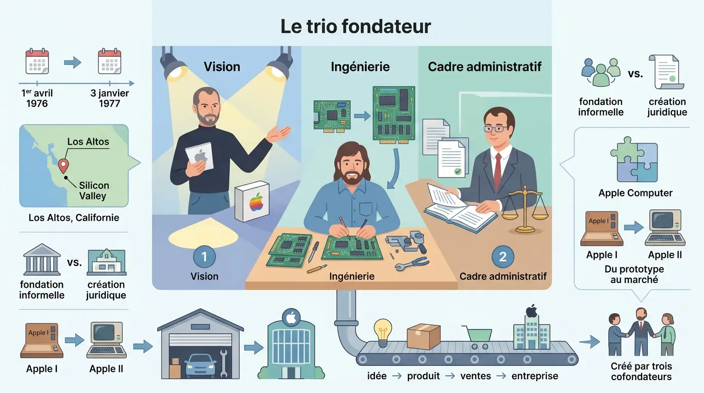 Infographie éducative sur qui a crée Apple, illustrant Steve Jobs, Steve Wozniak et Ronald Wayne dans leur parcours fondateur.