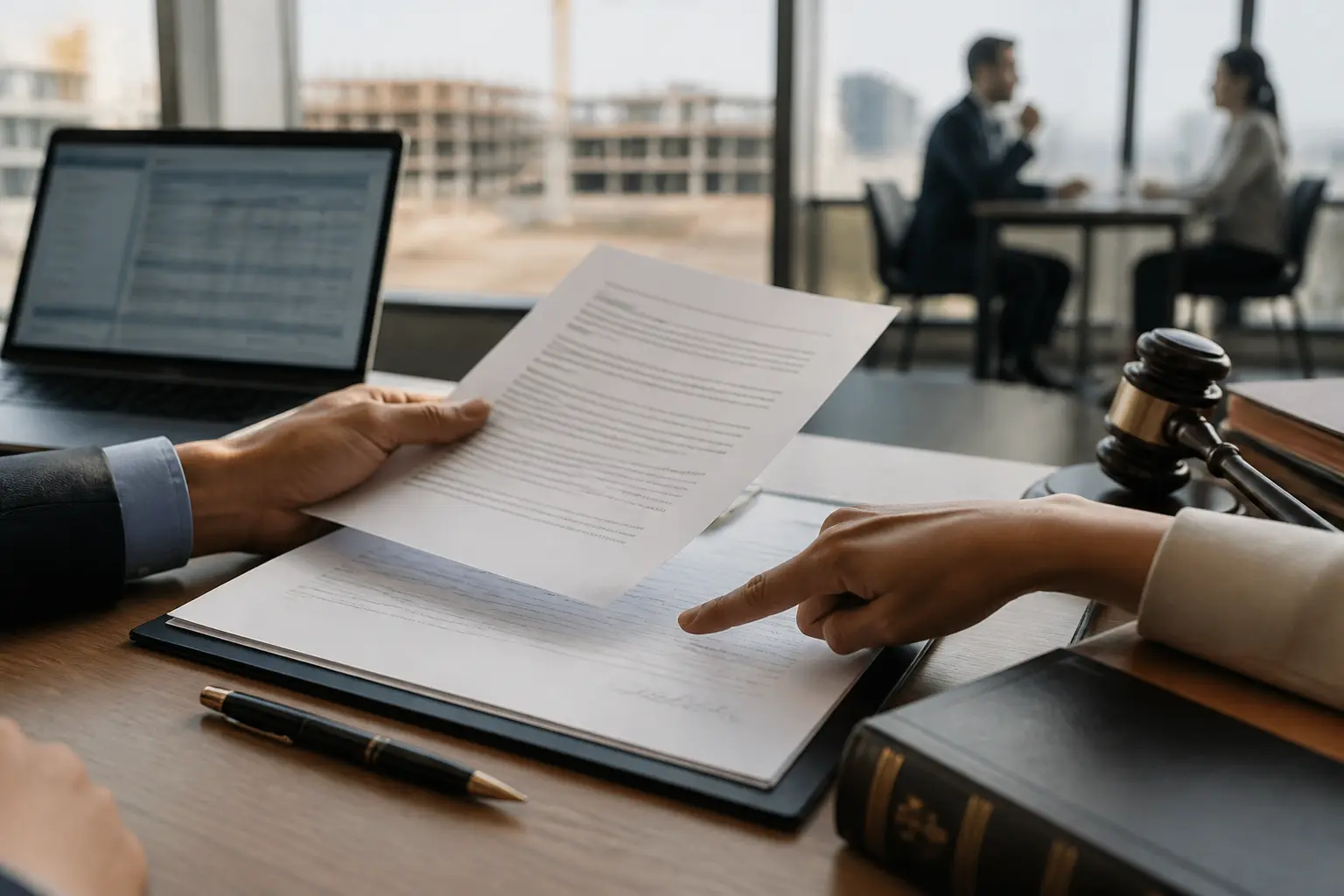 Avenant au marché public : contrat, documents juridiques et mains examinant une clause en bureau professionnel.