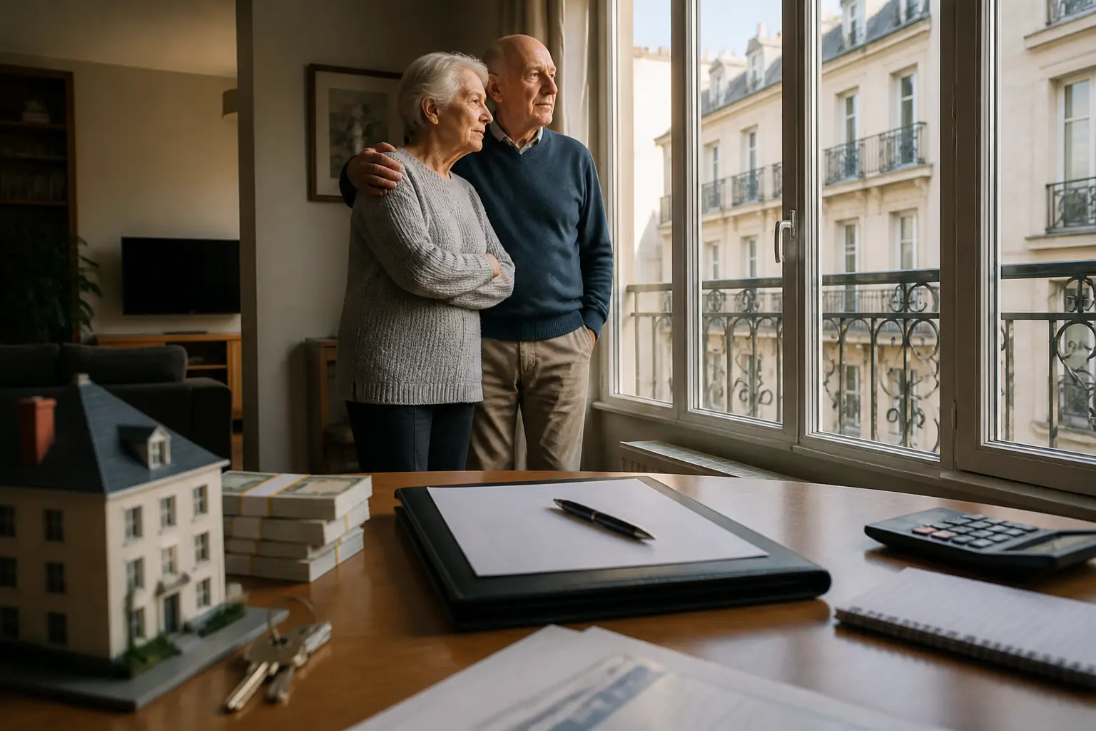 Senior couple dans un intérieur moderne, bail à vie, contrat, clés et maison miniature sur la table, lumière douce.