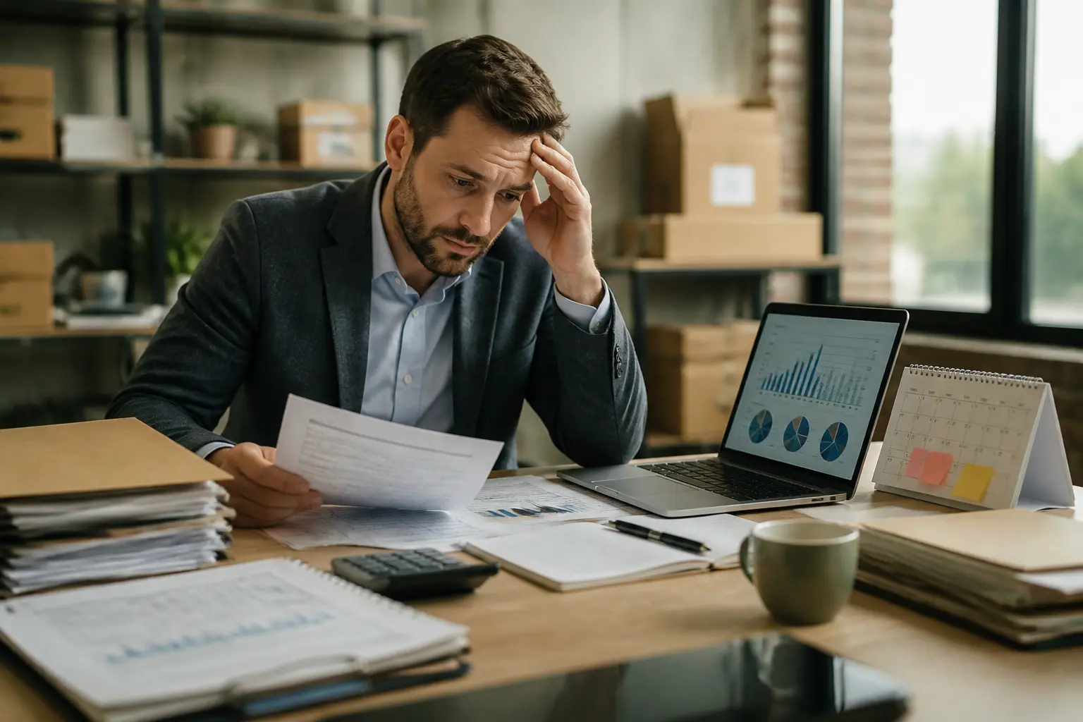 Entrepreneur stressé au bureau, factures, calendrier et ordinateur illustrant le besoin en fond de roulement.