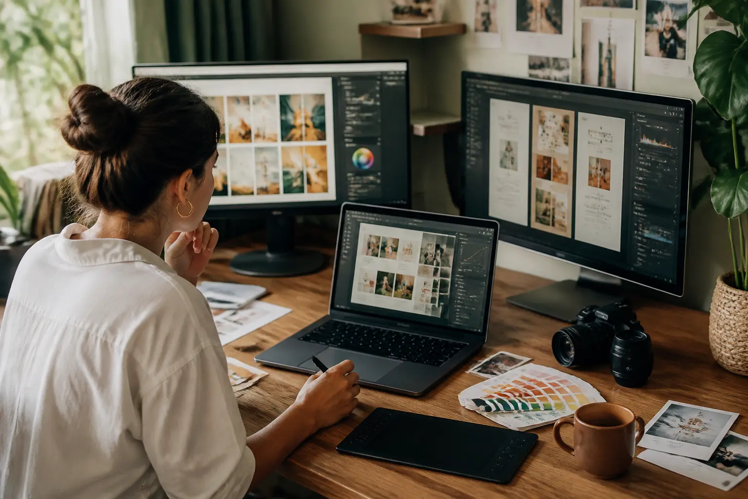 Créatif au bureau avec outils de design, maquettes et exports, illustrant les canva alternatives pour blogs et réseaux sociaux