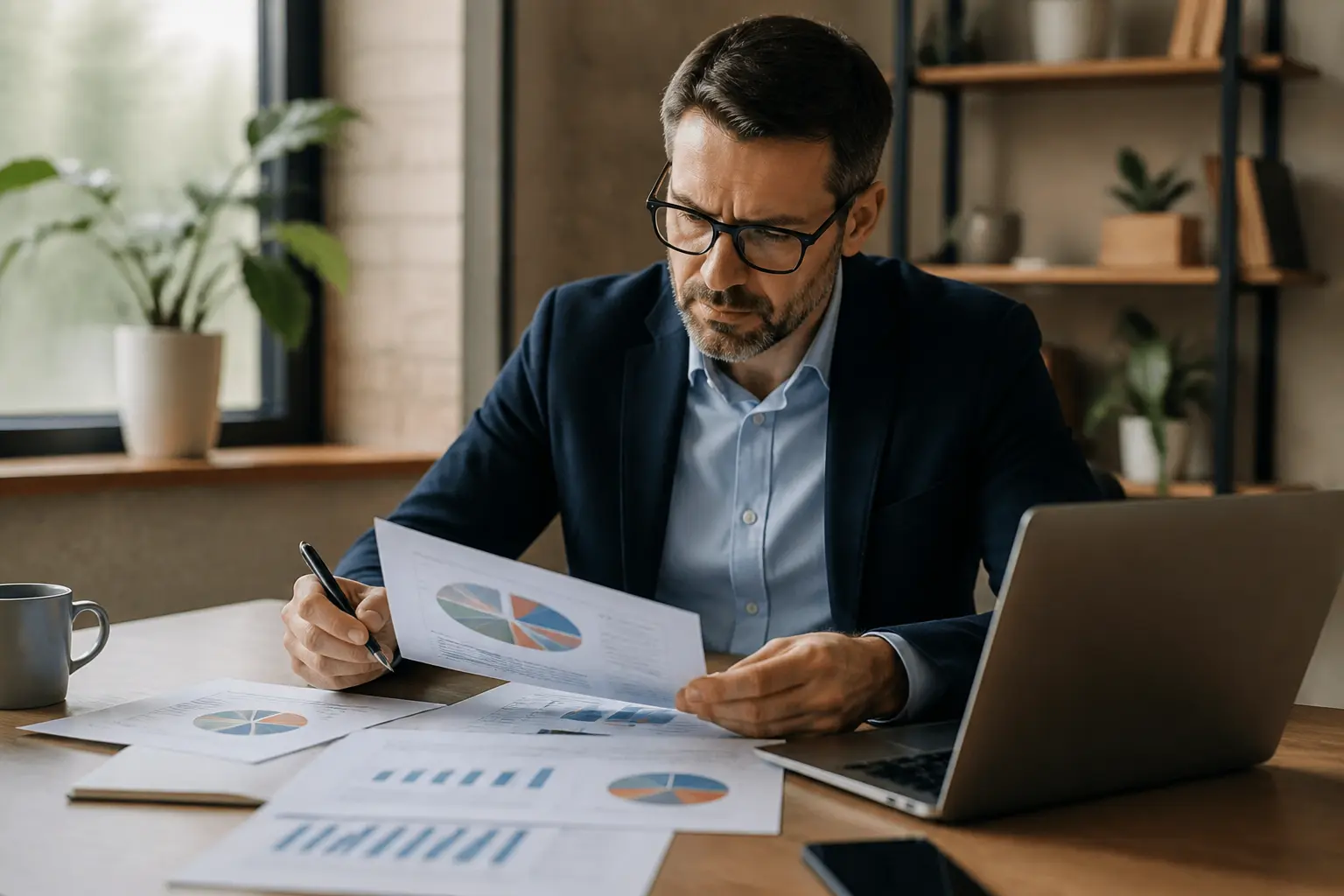 Comptabilité analytique : dirigeant en bureau moderne analysant coûts, marges et tableaux sur ordinateur portable