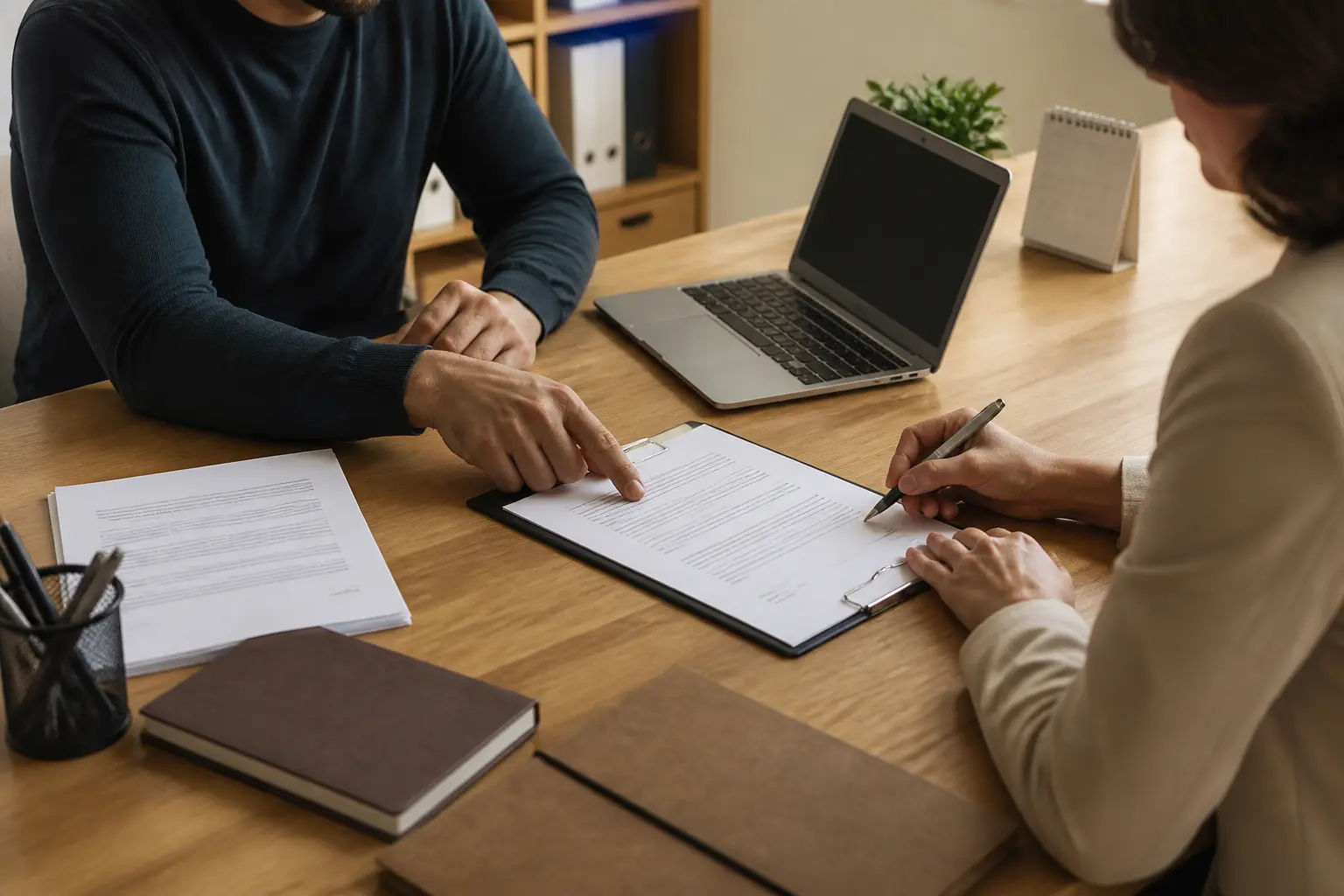 Réunion client-freelance autour d’un contrat prestation de service signé, documents, laptop et facture sur bureau moderne