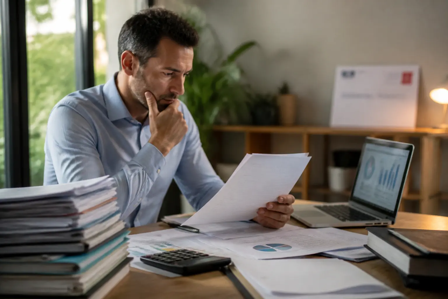 Professionnel français face à un controle fiscal, dossiers comptables, factures et ordinateur sur un bureau organisé