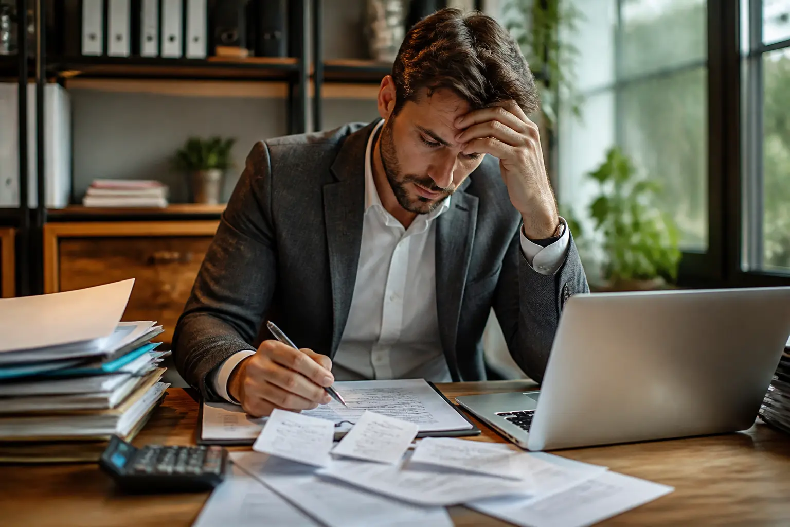Professionnel stressé face aux échéances das2, avec factures, reçus, calculatrice et dossiers comptables au bureau