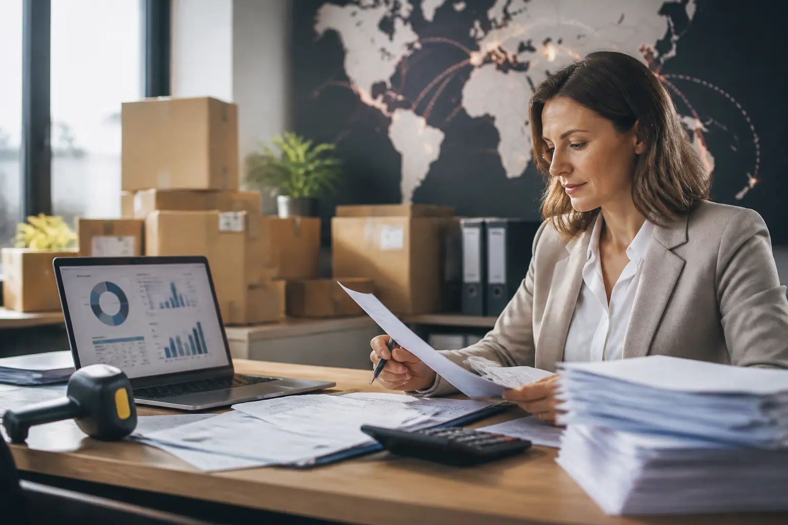 Deb en entreprise : comptable vérifiant factures, documents douaniers, colis et tableau TVA sur un bureau moderne.