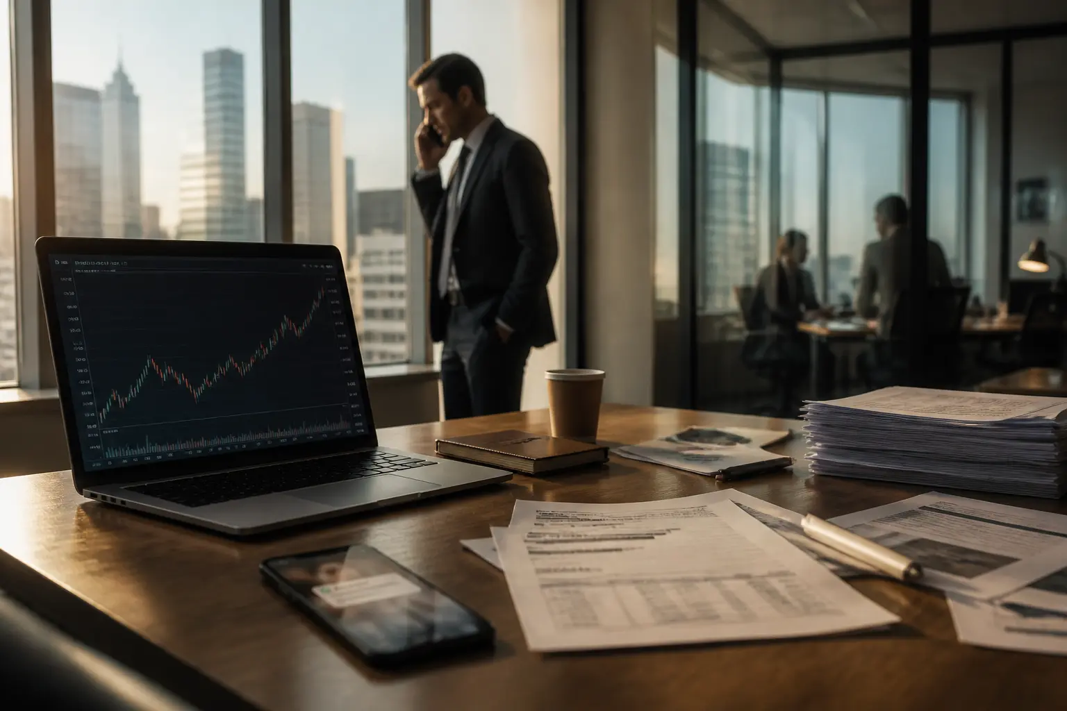 Délit d'initié en finance : bureau corporate avec laptop, ordre d'achat, smartphone, documents confidentiels et cadre inquiet