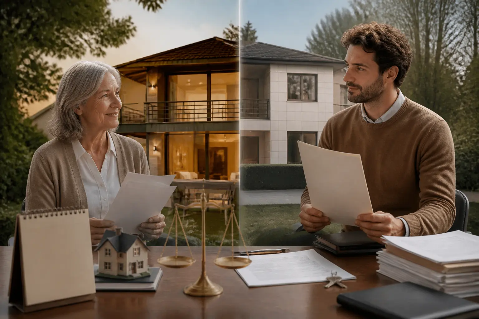 Démembrement de propriété : maison moderne divisée entre usufruit et nue-propriété, notaire, clés, bail et balance juridique