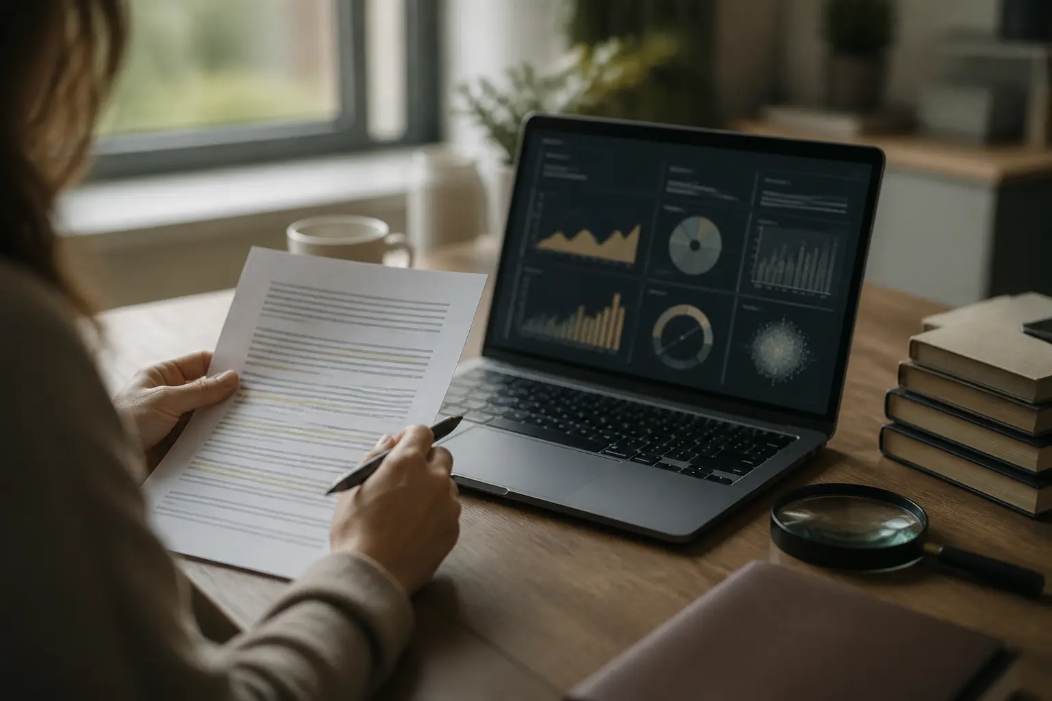 Detecteur ia en action dans un bureau éditorial, main sur document annoté, écran d’analyse, loupe et vérification humaine.