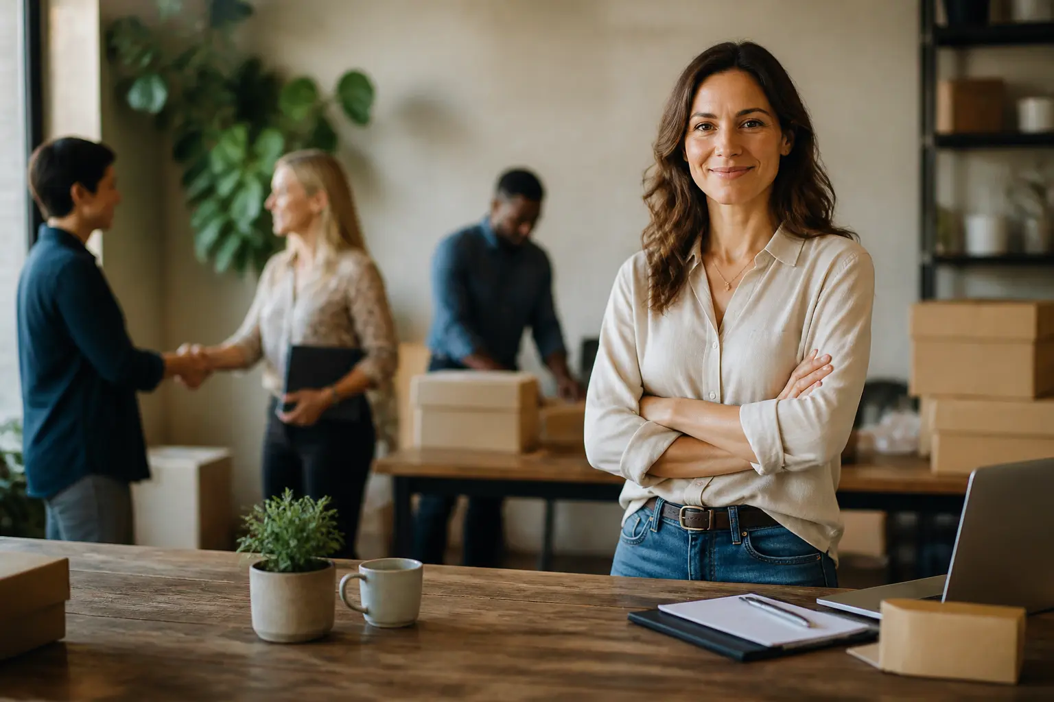 Bureau moderne avec manager, CRM, clients fidèles et colis, illustrant comment fideliser un client et augmenter la rentabilité