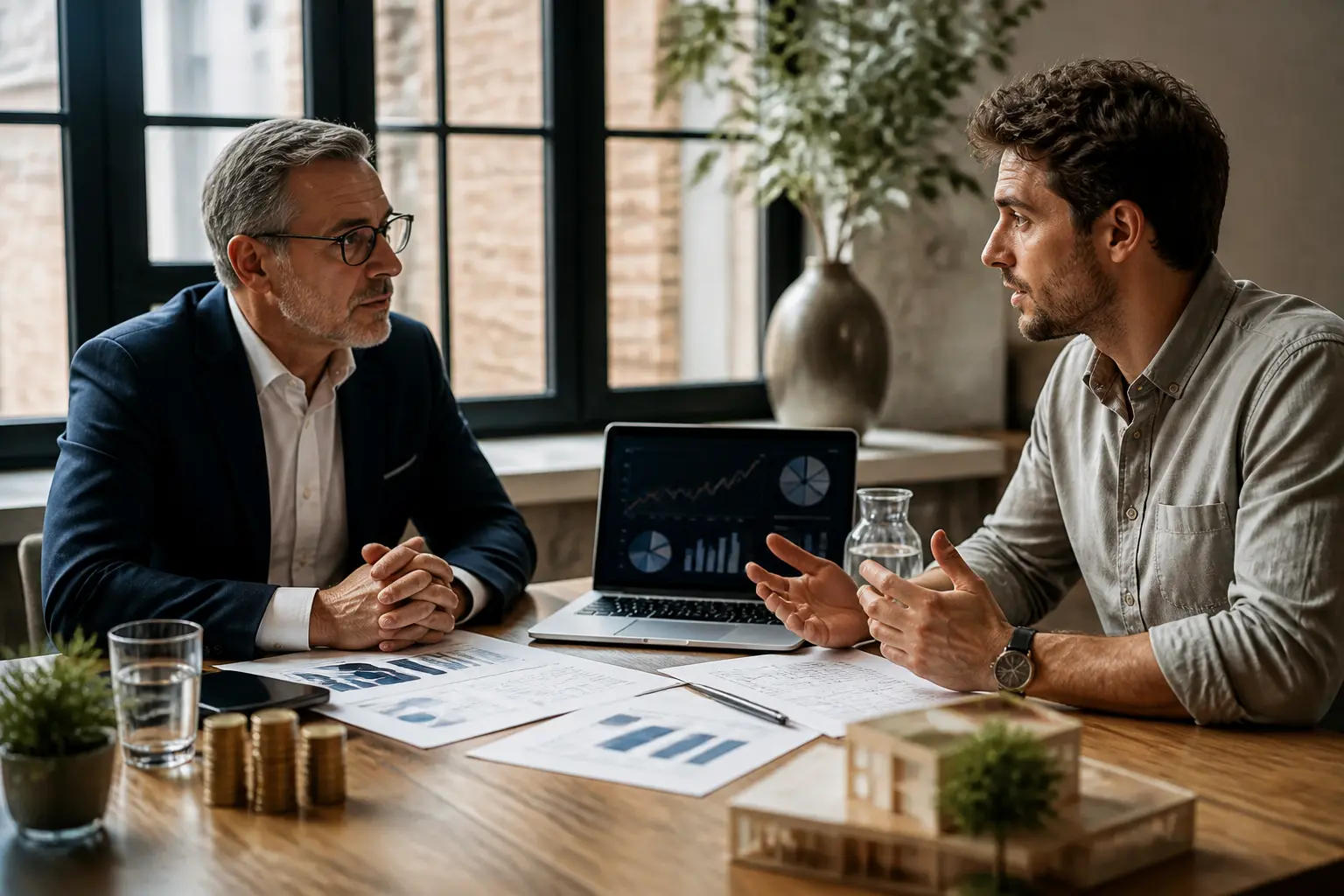 Fond d'investissement : investisseur et fondateur analysent portefeuille, trésorerie et croissance dans un bureau moderne