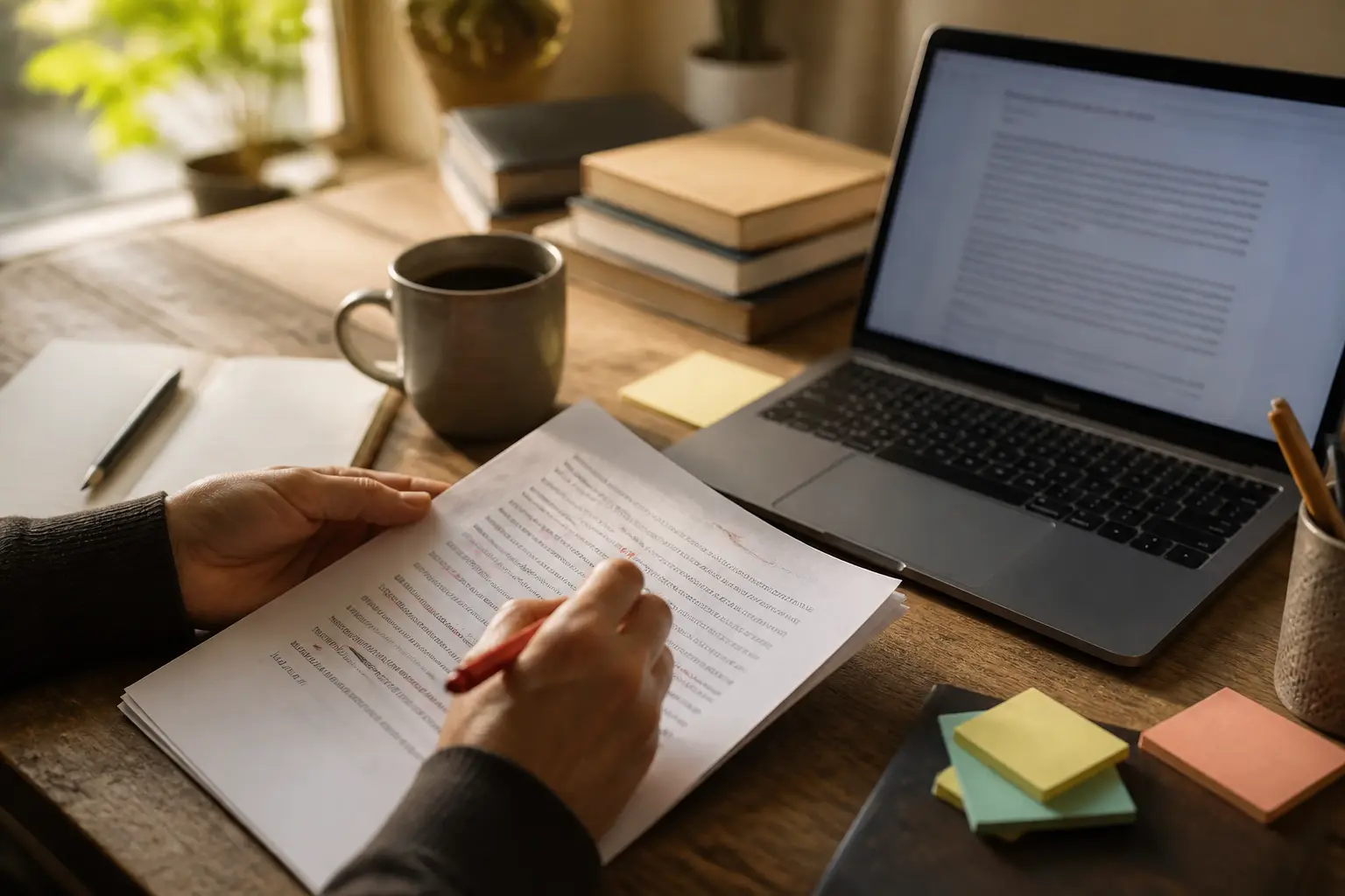 Bureau éditorial avec mains corrigeant un document, laptop flou, notes et café, pour humaniser texte avec authenticité