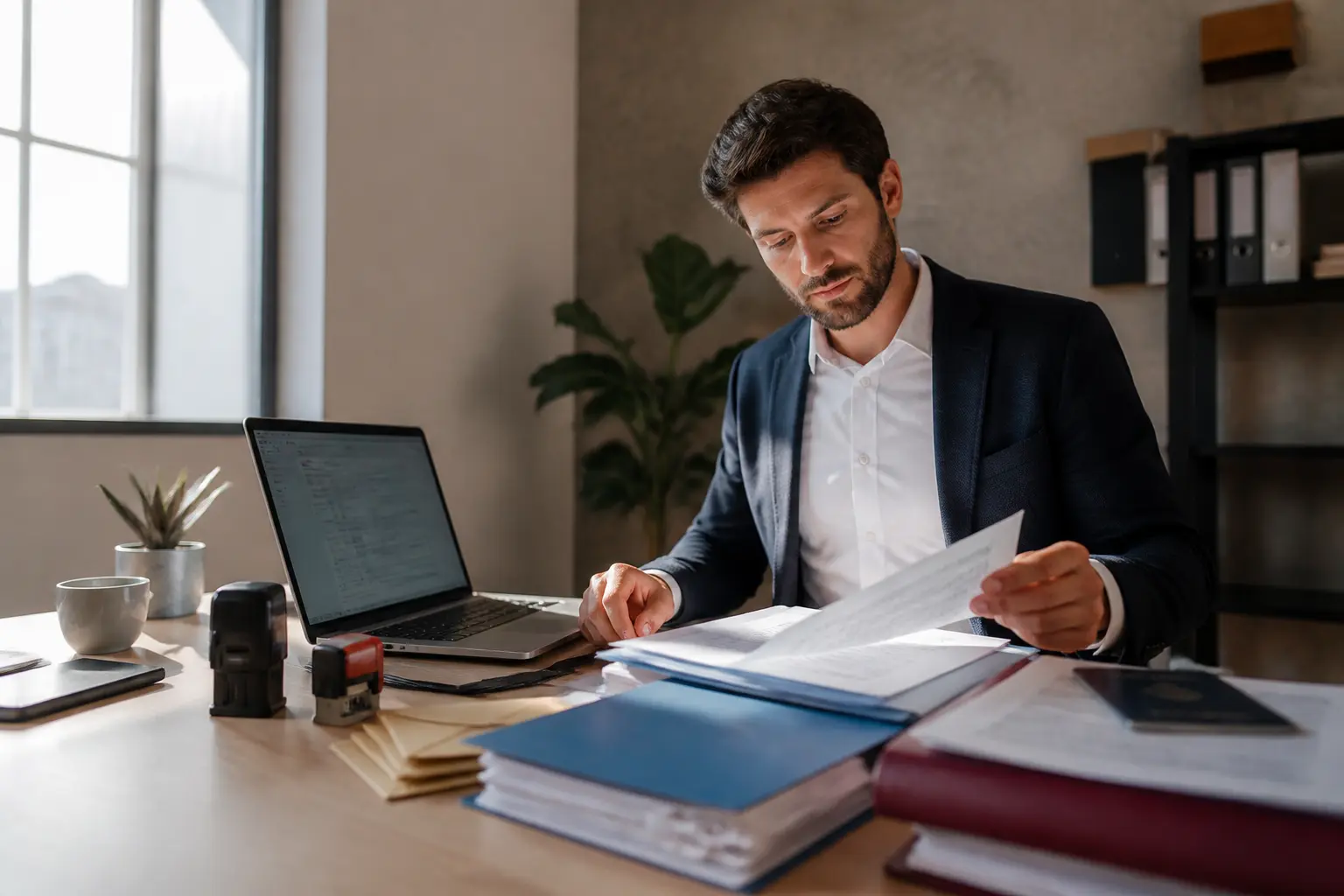 immatriculation insee c'est quoi : entrepreneur français au bureau avec dossiers, ordinateur et documents administratifs organisés