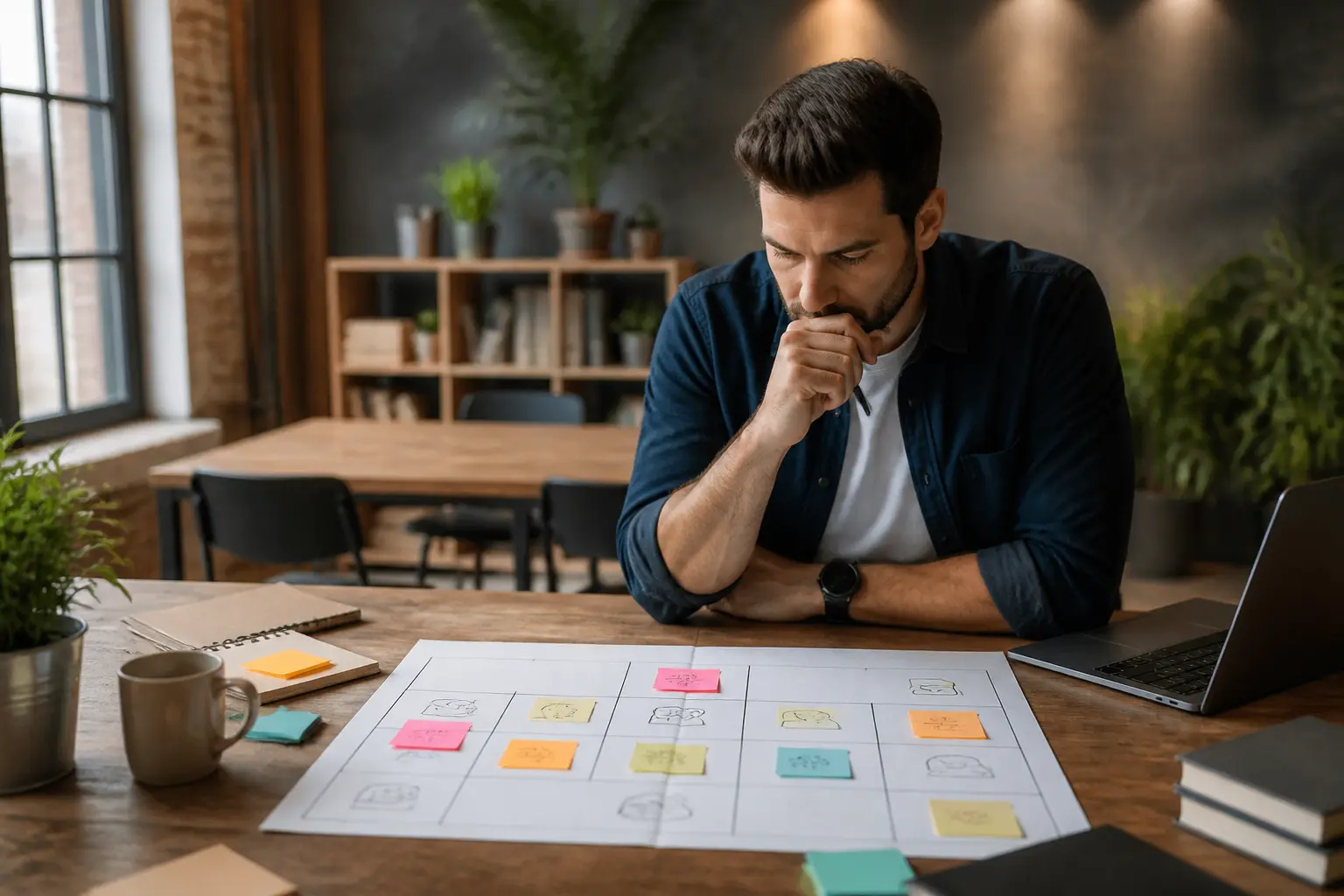 Fondateur analysant un lean canvas sur un bureau, avec post-its, schémas et ambiance de validation business chaleureuse