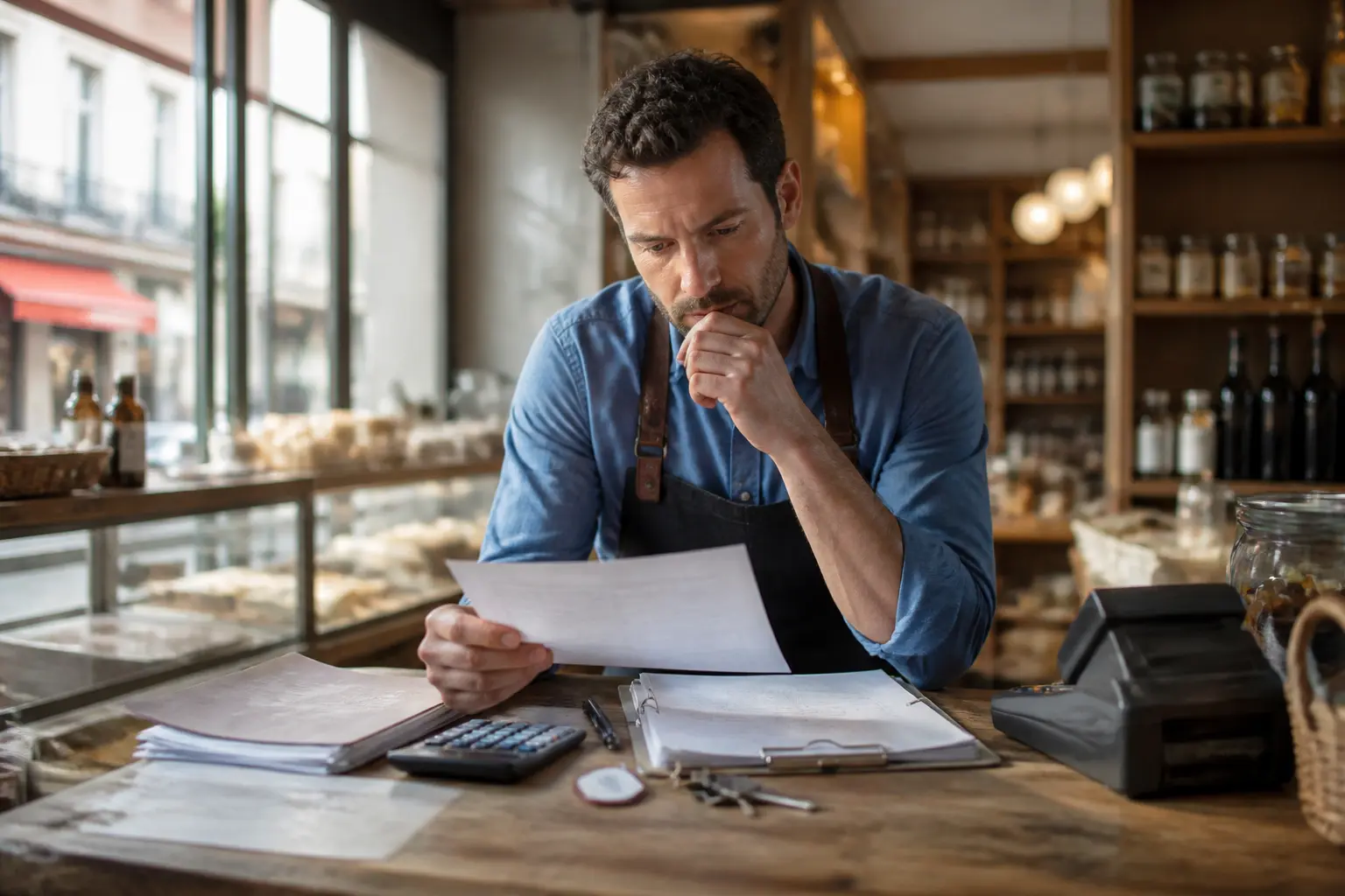 Boutique française en location gérance, gérant pensif avec contrats, clés, factures et caisse, ambiance financière tendue