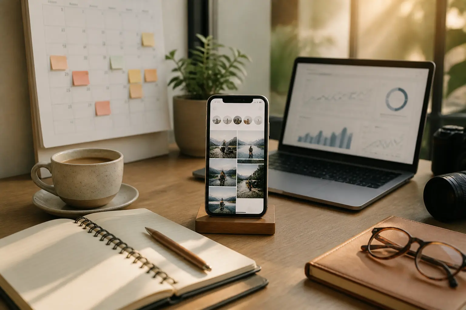meilleure heure pour poster sur instagram : bureau créatif avec smartphone, laptop analytique et calendrier de publication