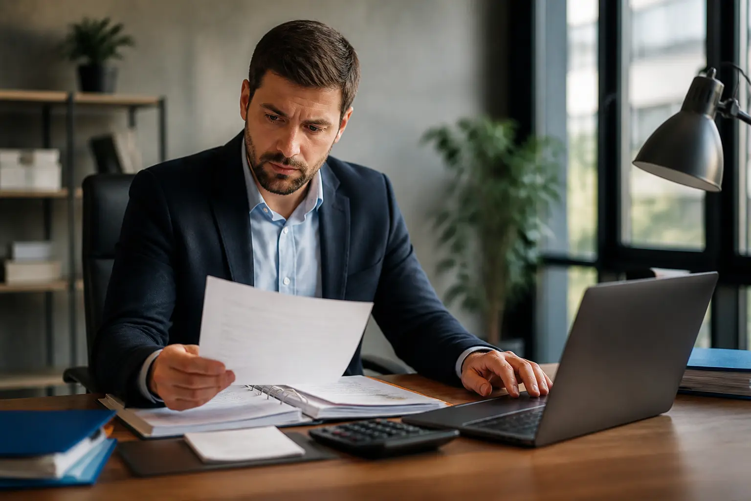 Dirigeant de PME consultant un memento fiscal au bureau, avec documents, calculatrice et ordinateur portable.