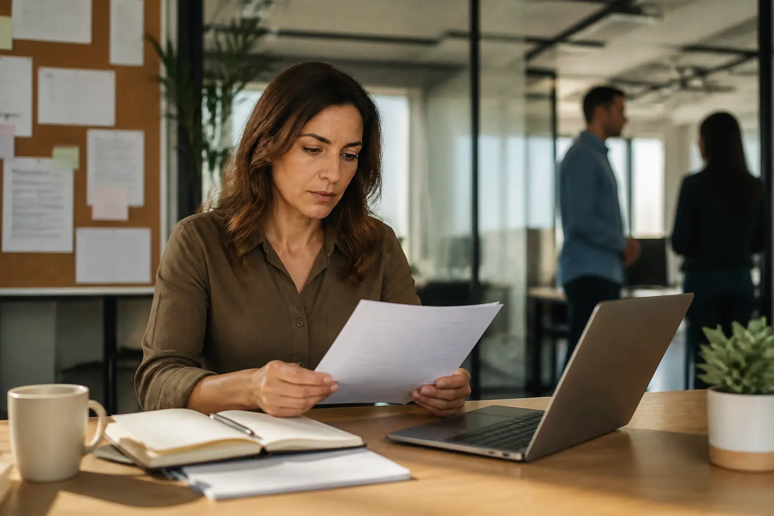 Bureau d’entreprise moderne avec note de service en préparation, manager relisant un document et ordinateur ouvert