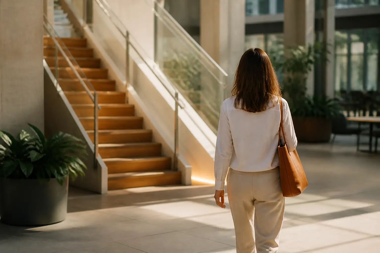 Nudge exemple en contexte urbain : une personne guidée vers un escalier, avec un choix par défaut mis en avant sur un écran.