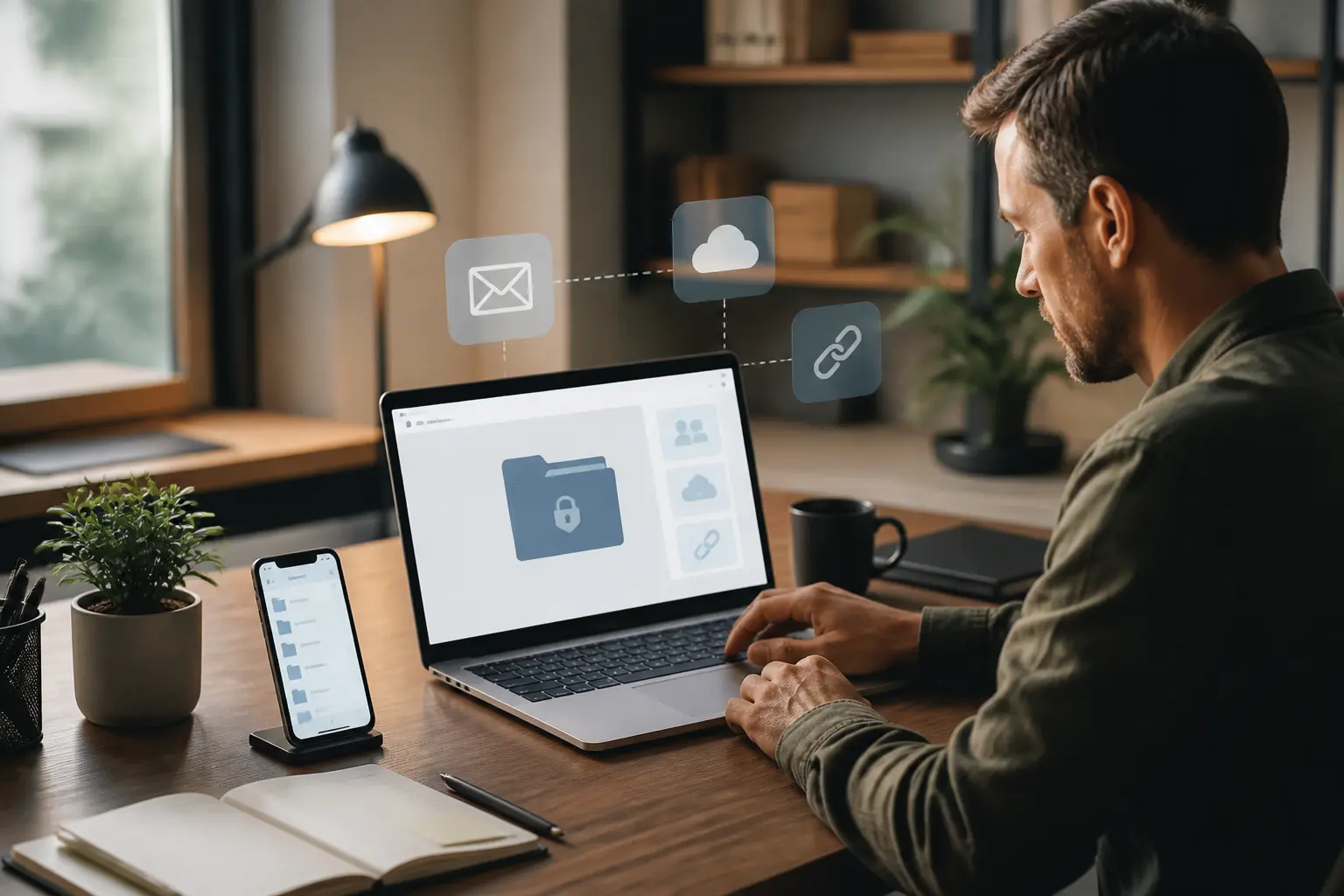 Bureau moderne avec laptop et smartphone pour partager un fichier volumineux via cloud, lien et email en toute sécurité