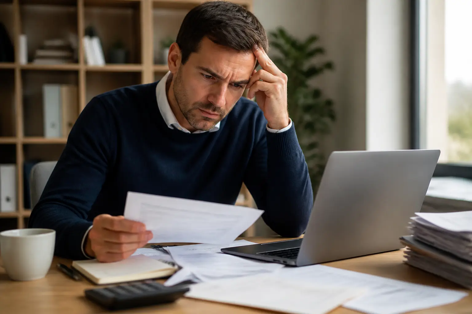 Entrepreneur inquiet devant documents fiscaux et calculatrice, illustrant le pfu et le timing des dividendes.
