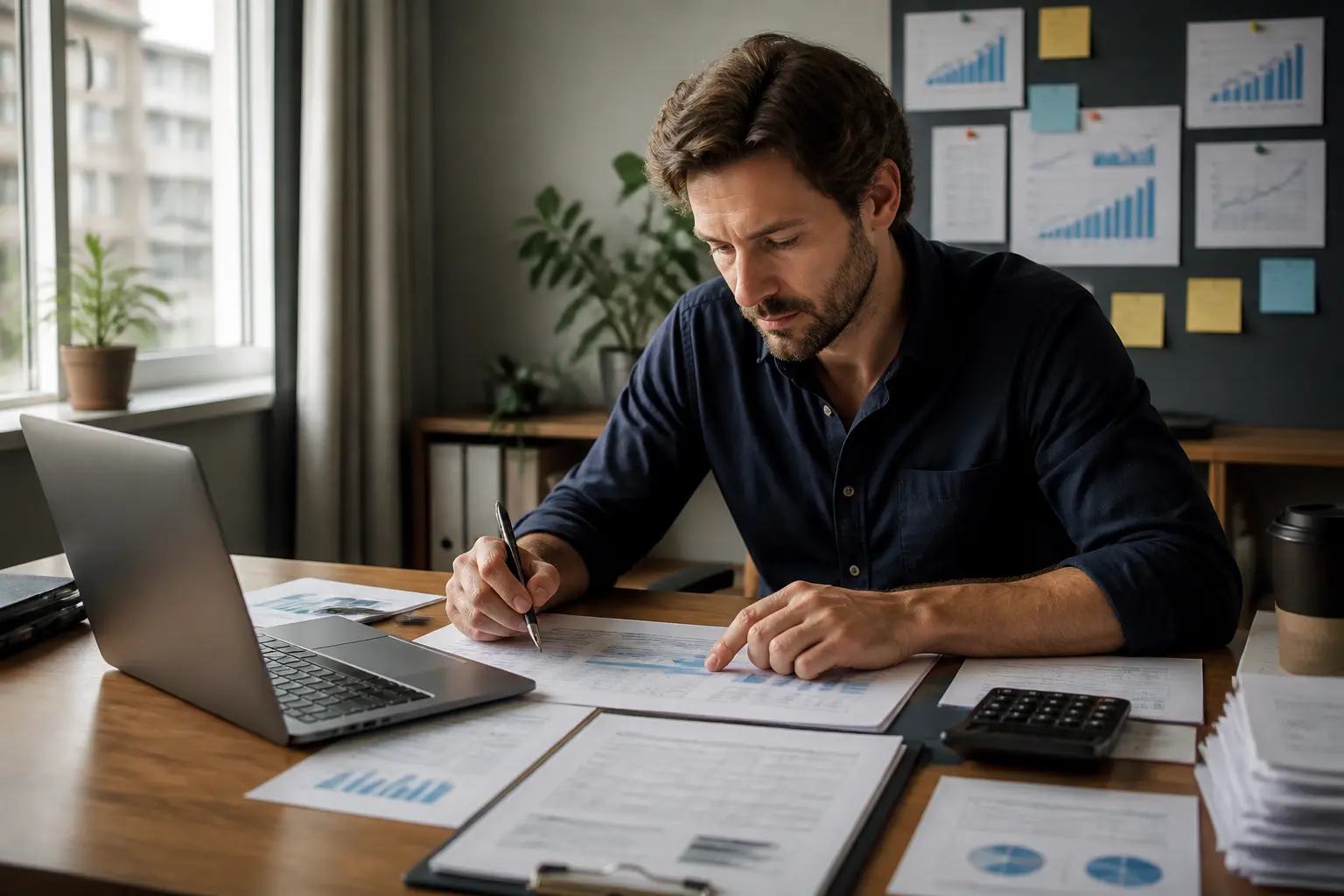 Entrepreneur français analysant un plan de financement avec ordinateur, calculatrice, factures et documents de budget