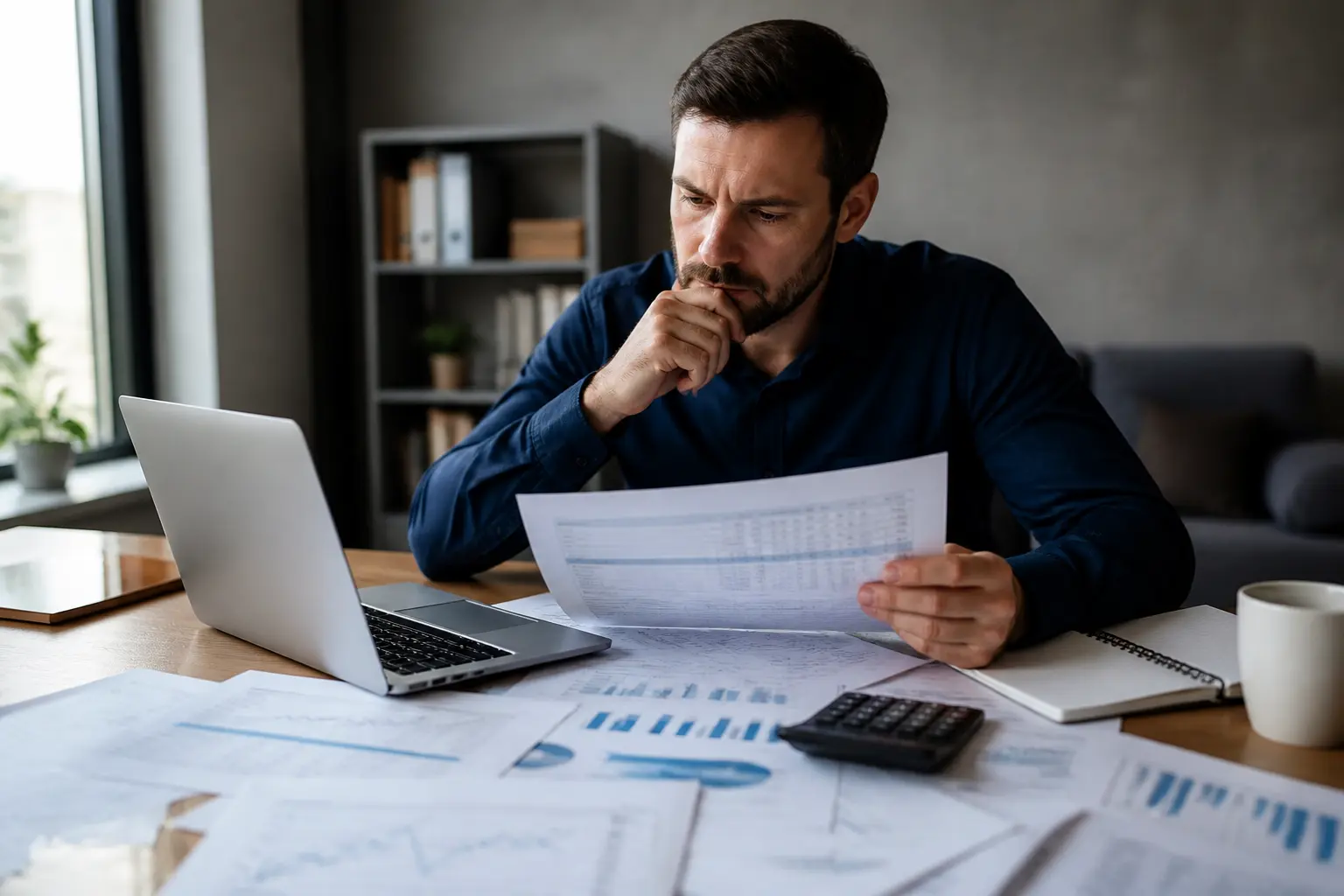 Entrepreneur en bureau analysant un plan de trésorerie sur ordinateur, factures et calendrier financier sur le bureau