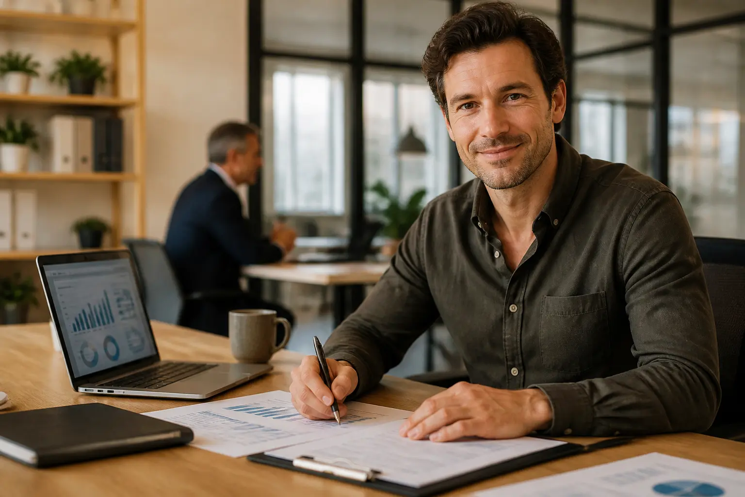 Entrepreneur en bureau avec dossier financier et ordinateur, ambiance de pret d'honneur et financement bancaire