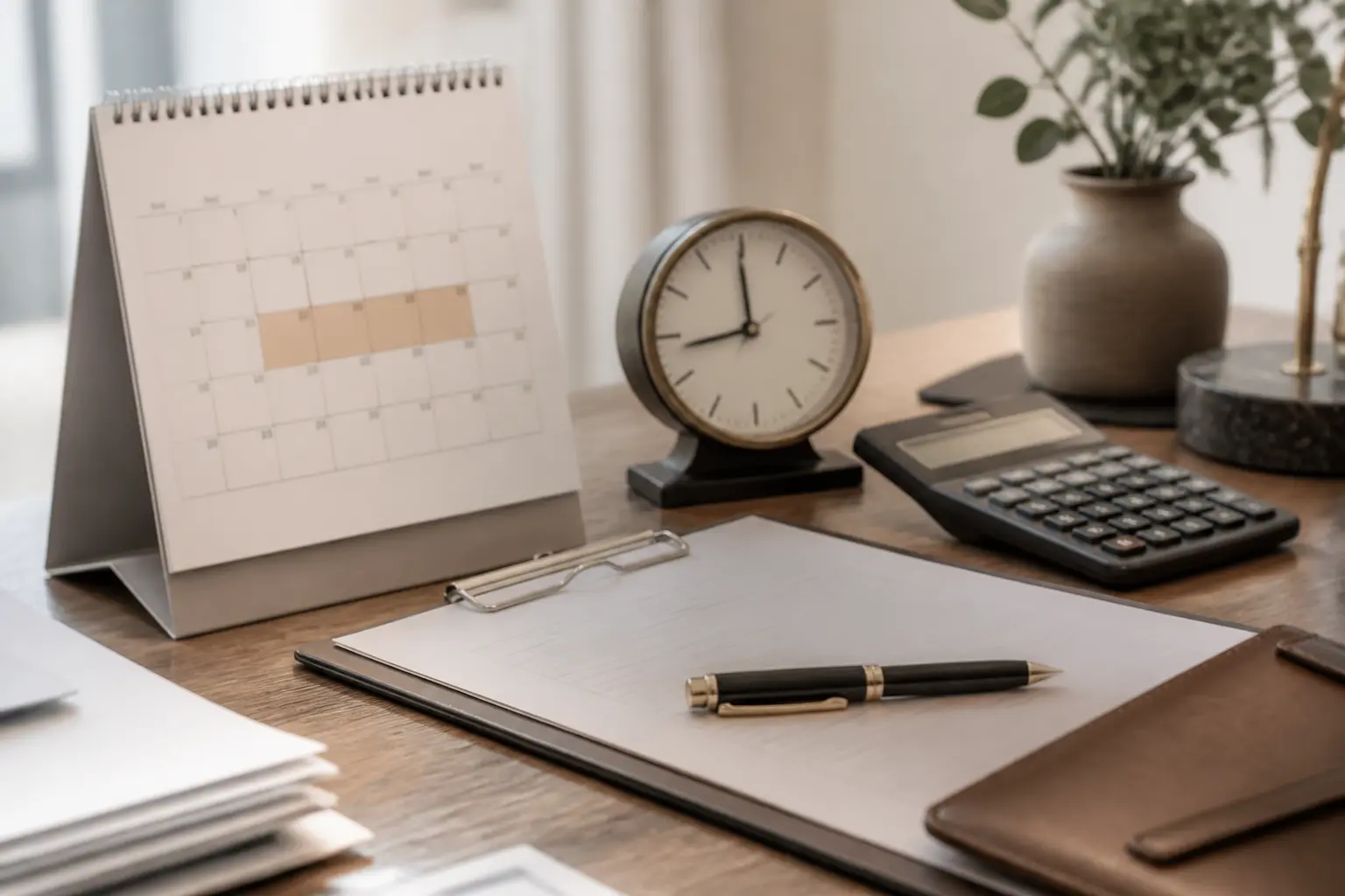 Bureau financier avec calendrier, facture, calculatrice et contrat illustrant le prorata temporis sur une période partielle