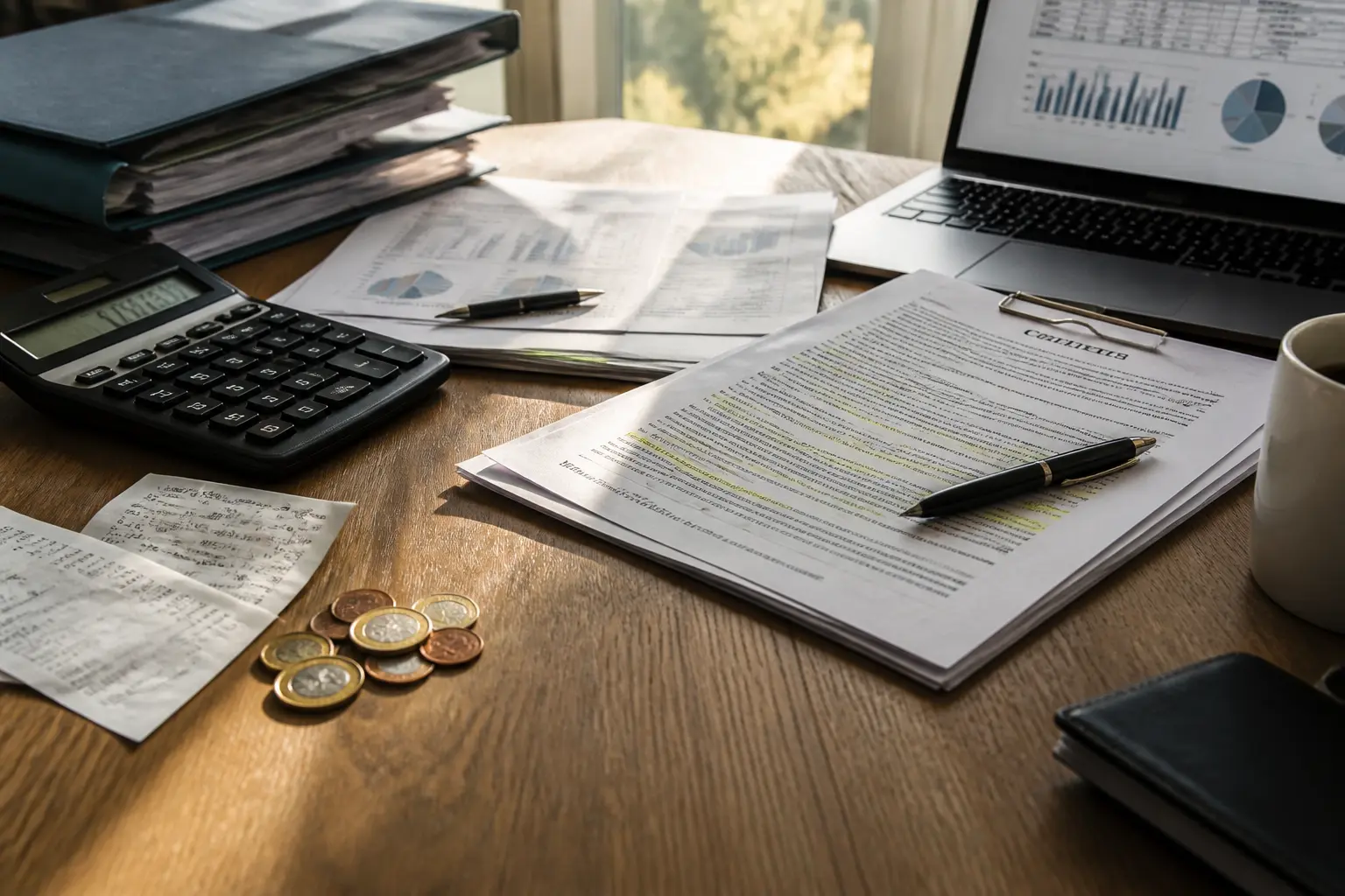 rfa : bureau avec calculatrice, factures, contrat annoté, ordinateur portable, pièces euro et reçus pour bilan financier annuel