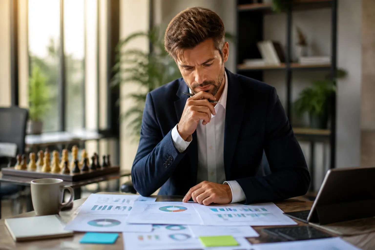 Entrepreneur en bureau moderne analysant des documents, stratégie de domaine def et positionnement concurrentiel.