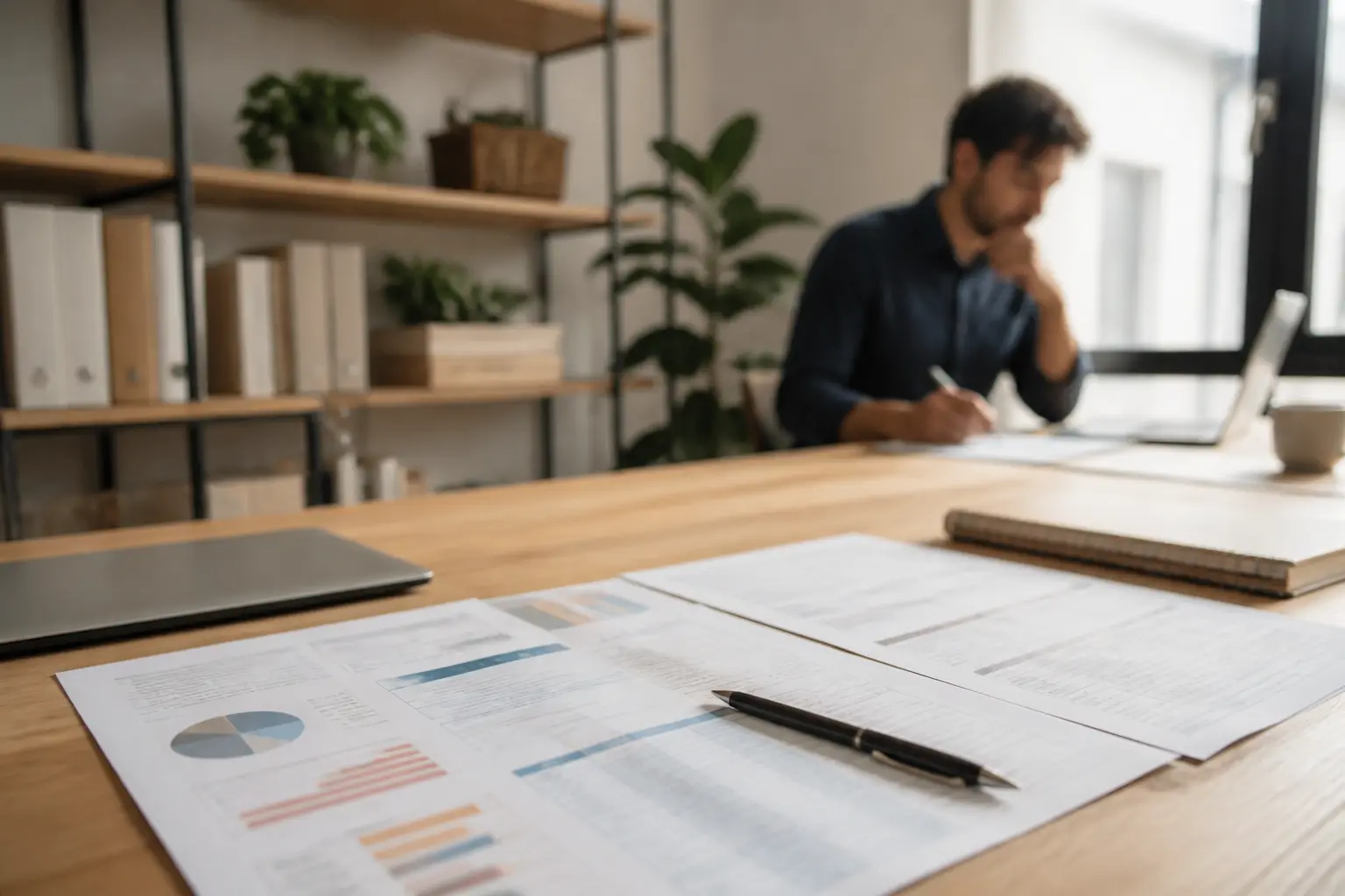 Tableau de caractérisation sur bureau professionnel avec documents, ordinateur portable et étudiant en arrière-plan