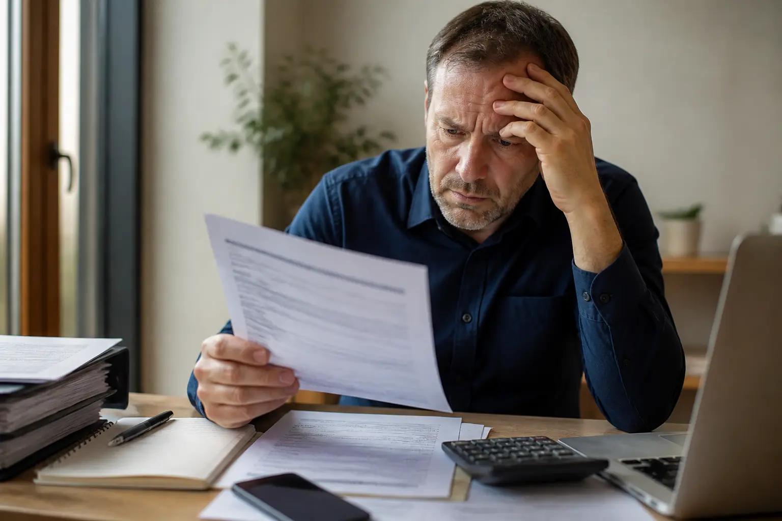 Dirigeant inquiet devant un avis fiscal et des documents comptables, illustrant la taxe sur les salaires en bureau moderne