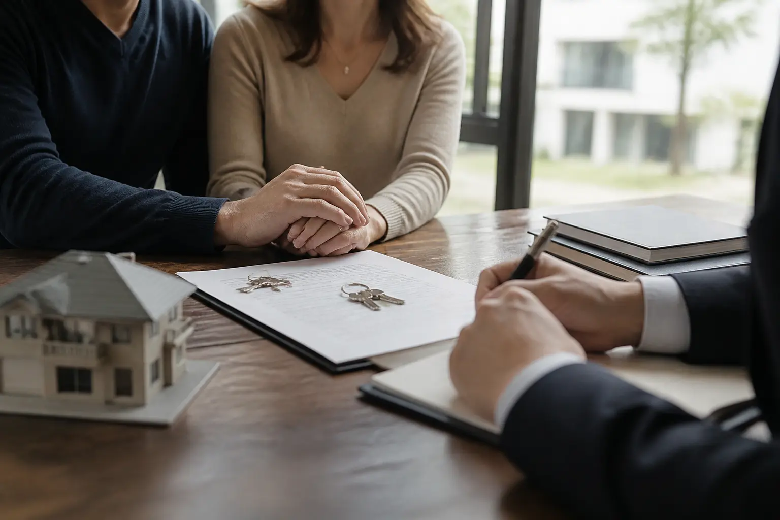 Tontine def : mains d’un couple sur acte notarié, clés, maquette de maison et protection du survivant en héritage immobilier