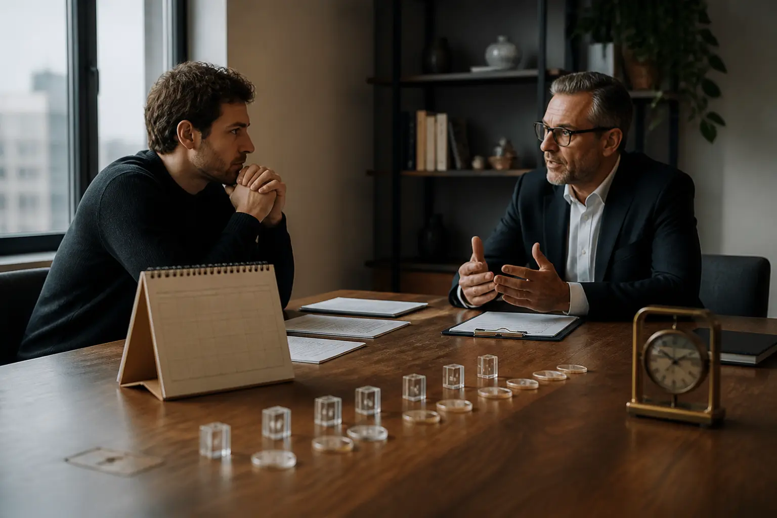 Réunion startup vesting entre fondateur et investisseur, calendrier, contrats et cap table sur table élégante, ambiance tendue