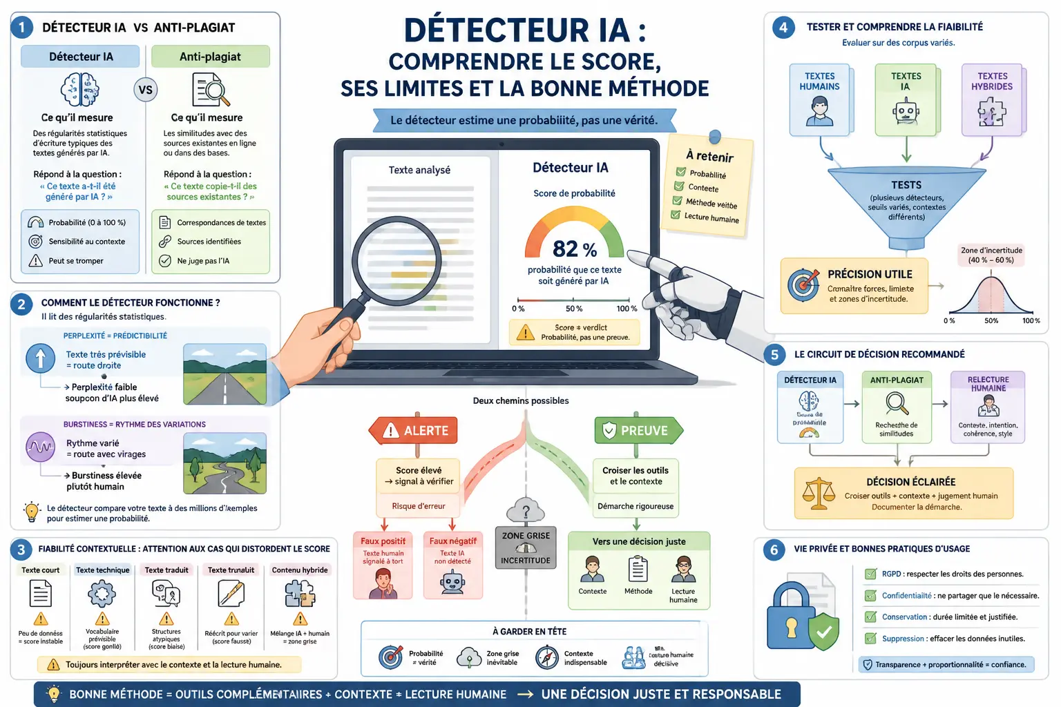 Infographie sur le detecteur ia : score, limites, anti-plagiat, fiabilité, RGPD et méthode humaine.