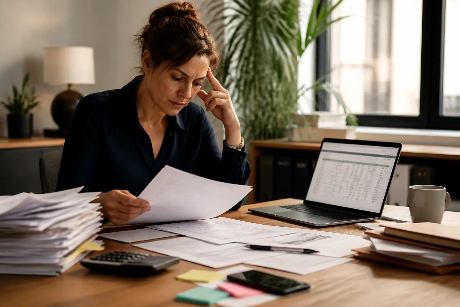 123paie : responsable paie stressé à son bureau, documents, ordinateur, calculatrice et dossiers de paie organisés