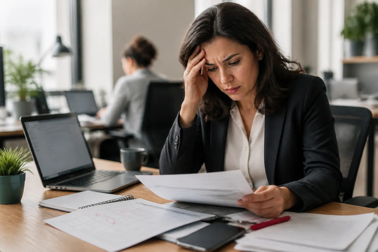 Responsable RH examinant un dossier d’absence injustifiée dans un bureau moderne, bureau vide et calendrier marqué