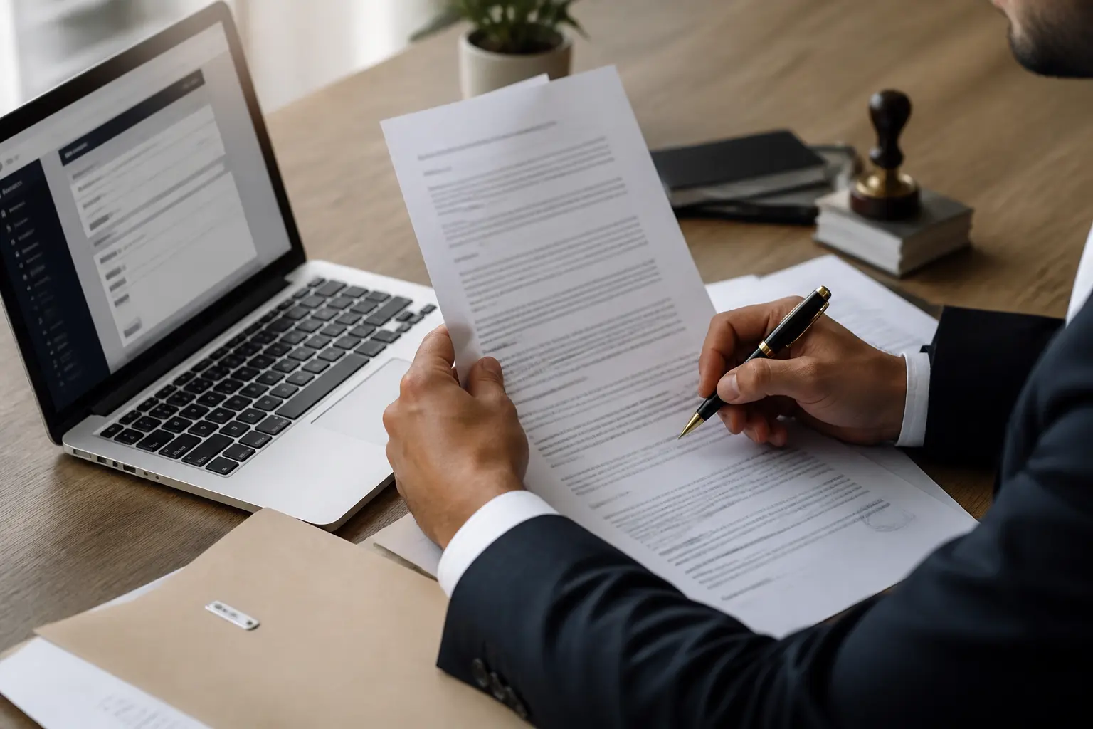 Dirigeant signant une attestation sur l'honneur de non condamnation, documents administratifs et portail d'inscription ouvert.