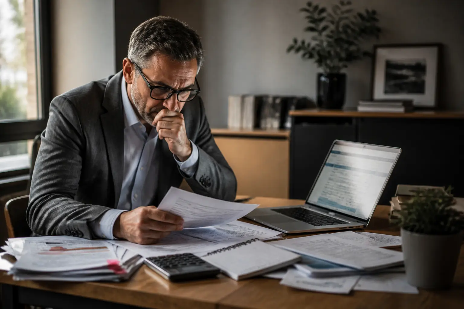 Chef d’entreprise français au bureau, ca3, factures et documents TVA, ordinateur, calculatrice, échéances fiscales.