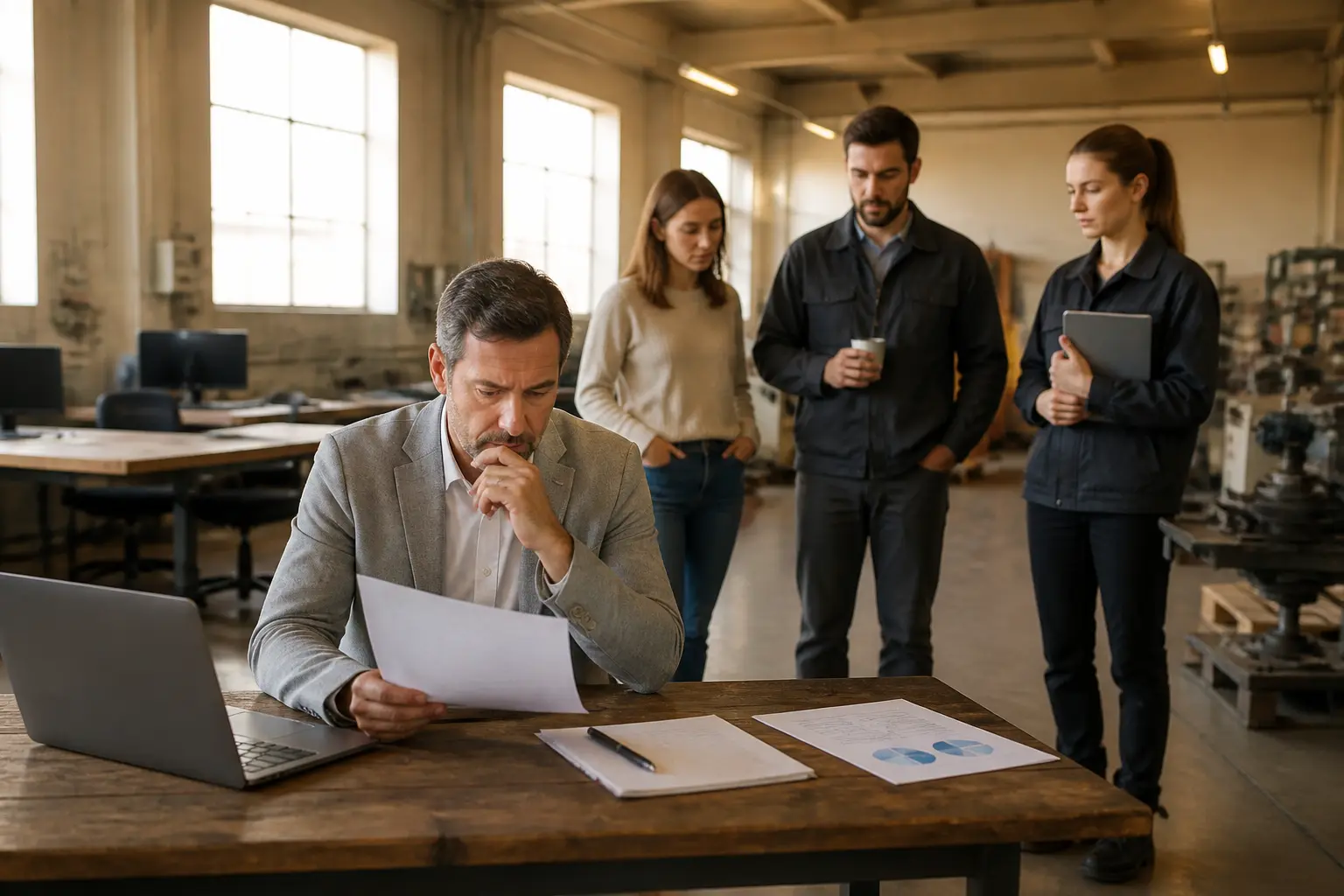 Chômage technique dans une PME française : manager et équipe en attente près de postes de travail vides, ambiance calme.