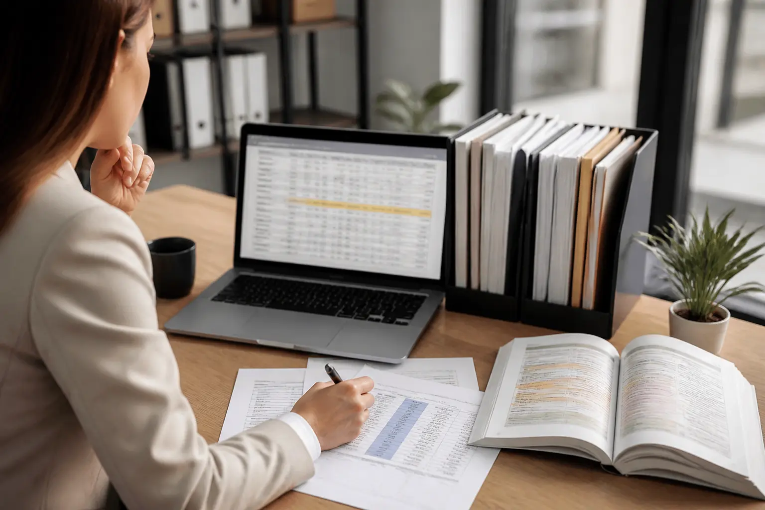 Bureau RH avec spécialiste paie consultant un dossier, feuille de paie et code pcs sur ordinateur portable