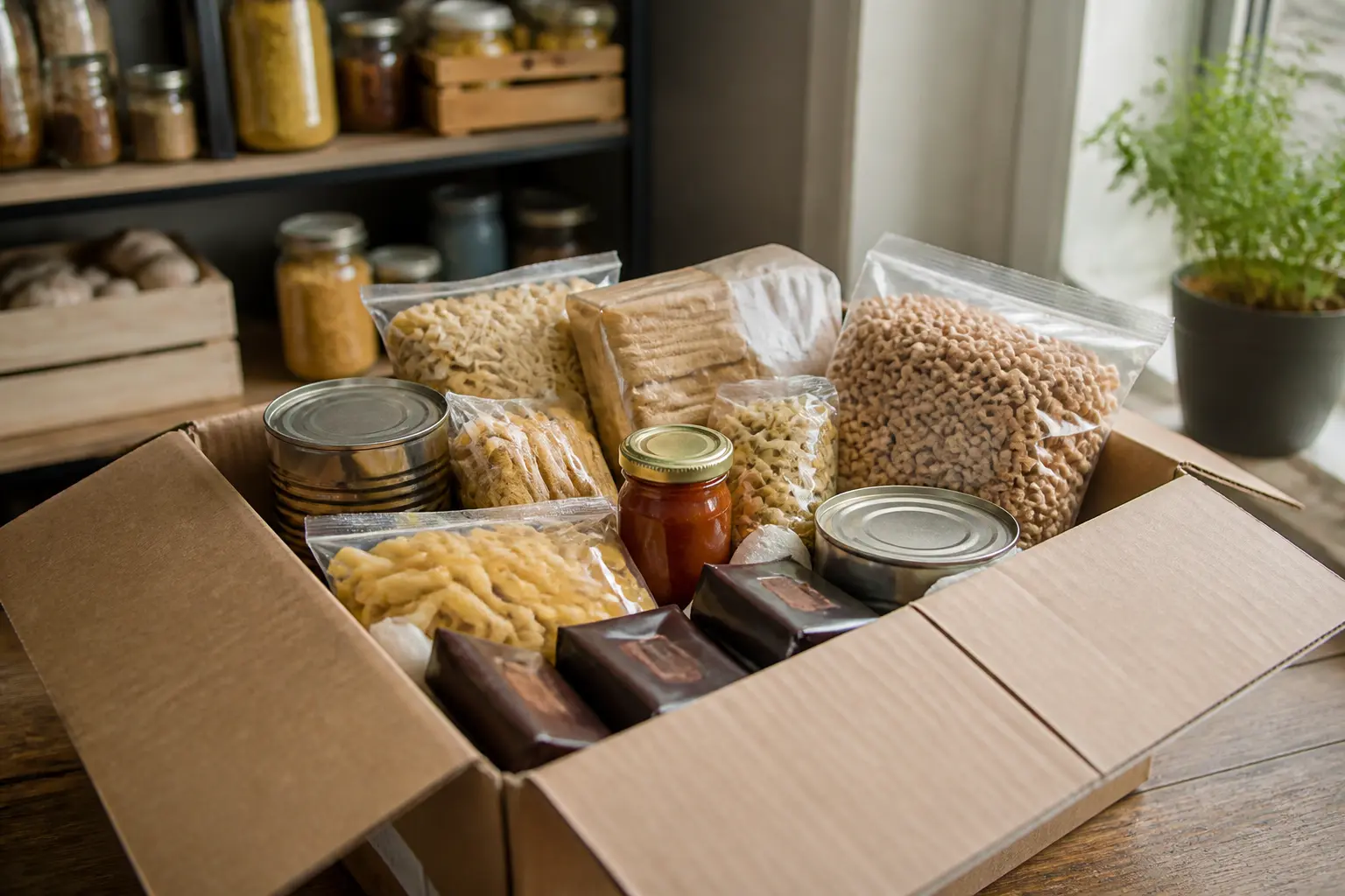 Destockage alimentaire : caisse de produits emballés variés avec étiquettes promo, ambiance cuisine ou entrepôt chaleureux