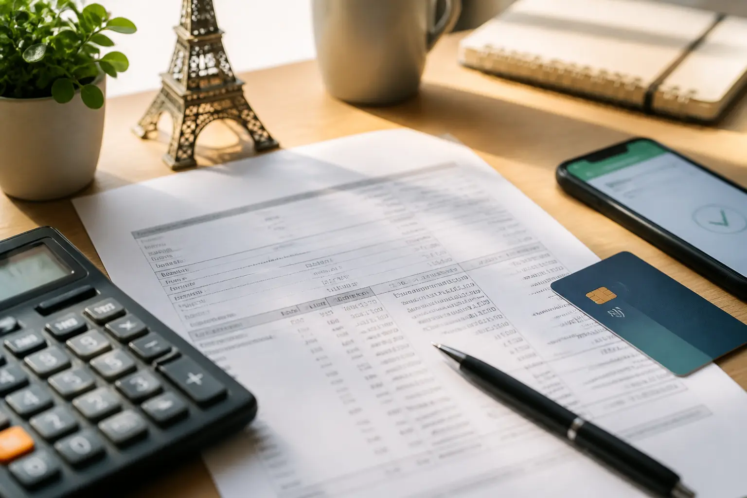 Différence salaire brut et net en France : fiche de paie, calculatrice, stylo et virement bancaire sur bureau chaleureux