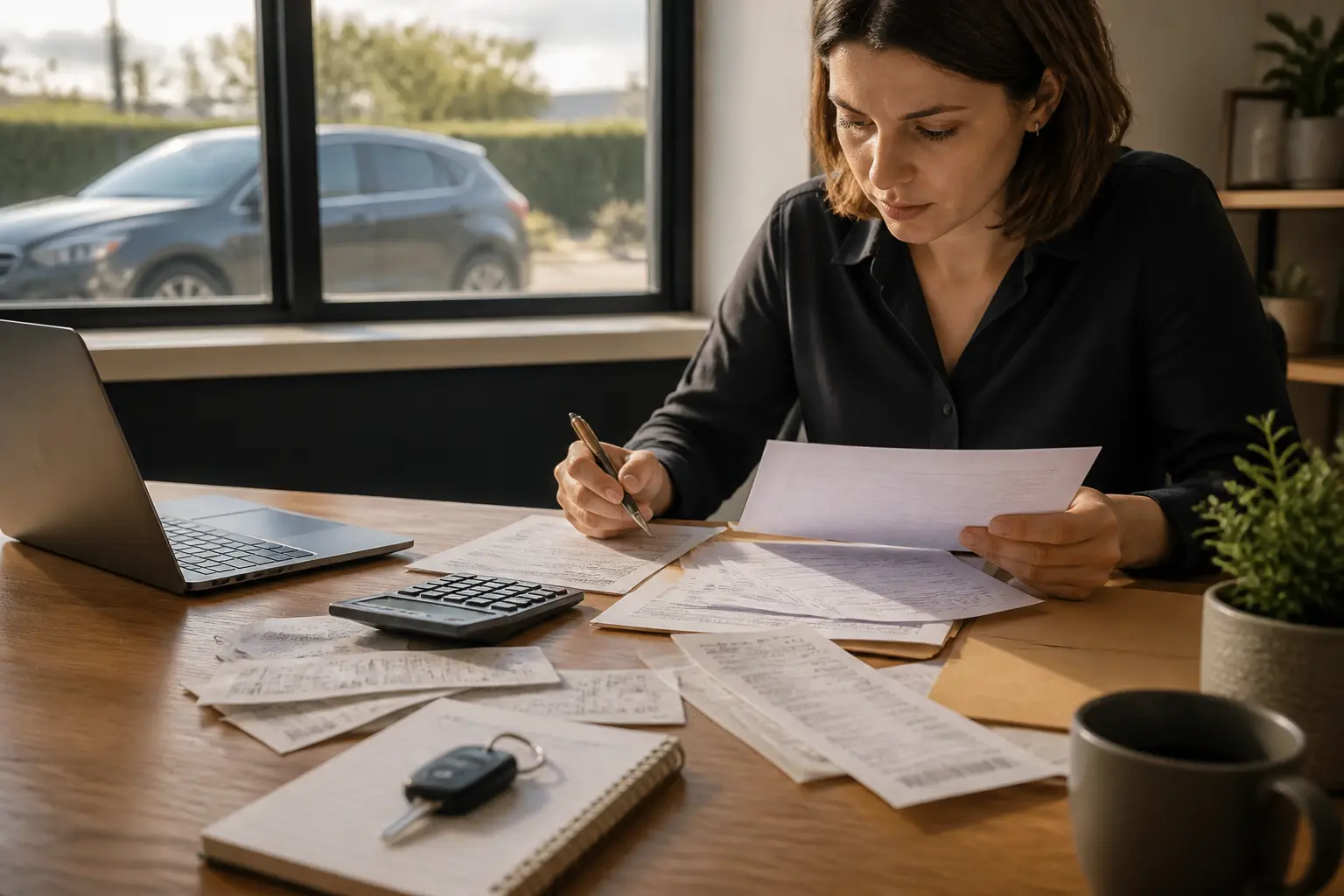 Indemnité kilométrique employeur : expert RH examinant notes de frais, reçus, clé auto et voiture au bureau en France
