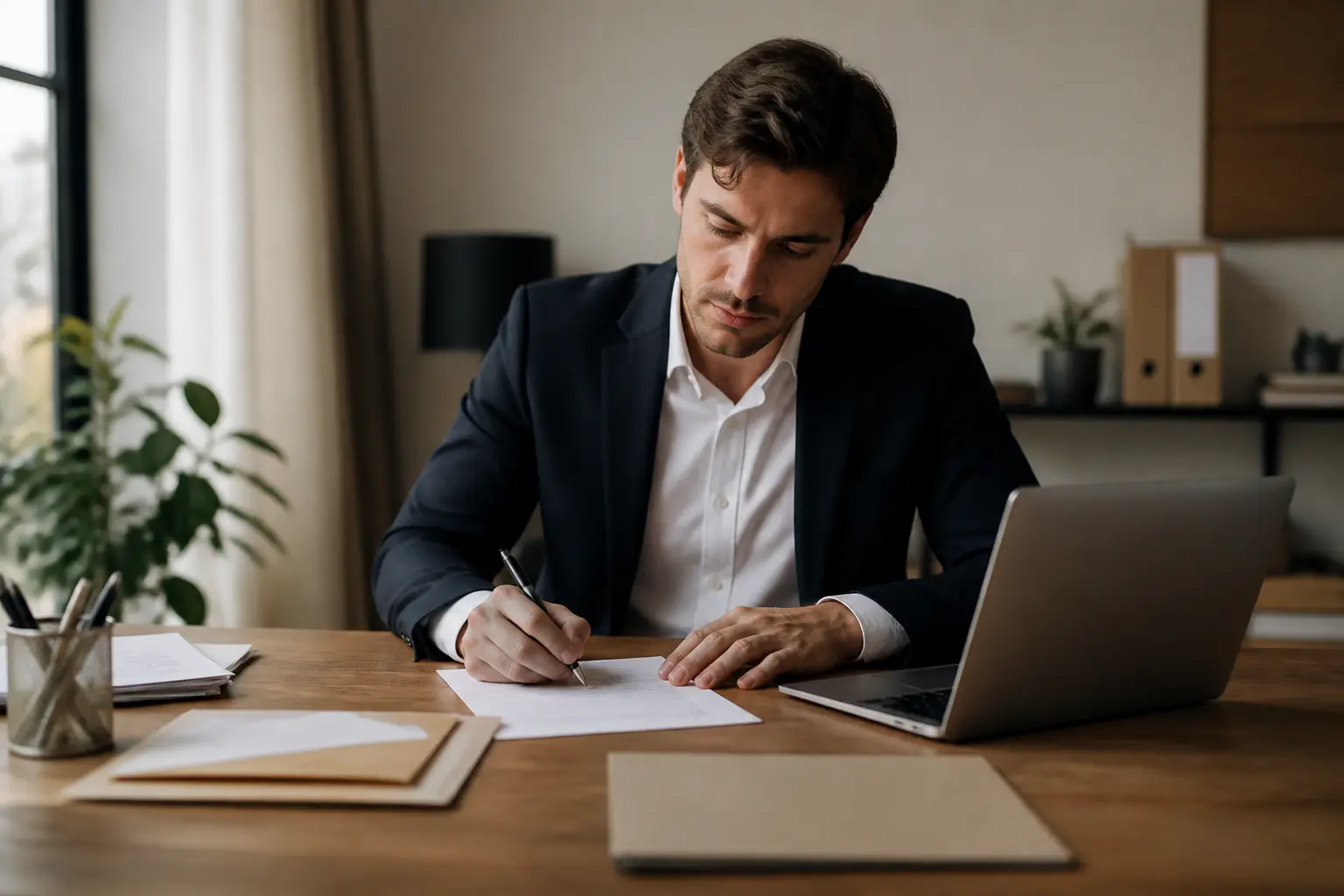 Employé rédigeant une lettre rupture conventionnelle dans un bureau, avec ordinateur, documents et ambiance calme